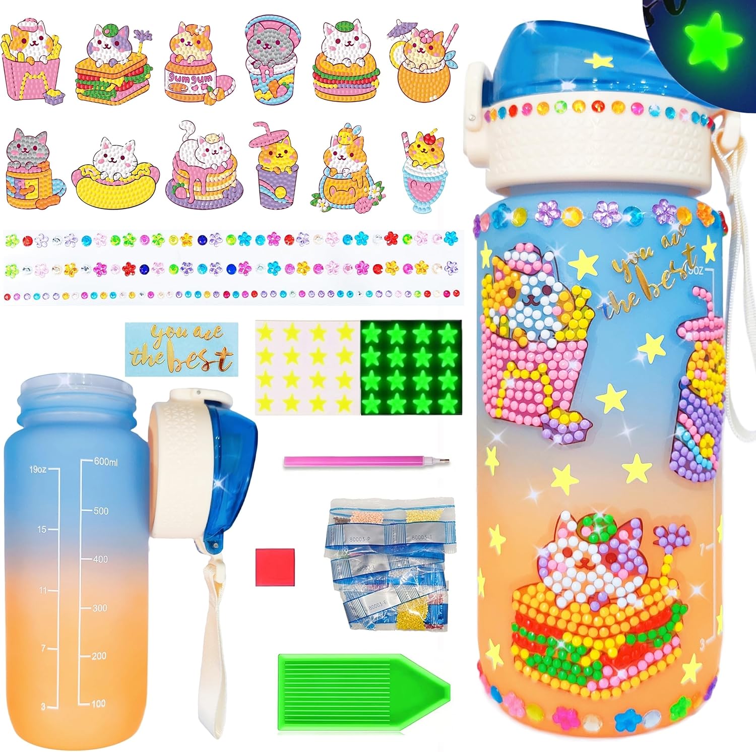Wbesty Decorate Your Own Water Bottle Kits for Girls Age 4-12, Cute Cat Diamond Painting with Star Glow in The Dark, Arts and Crafts Gifts for Girls Birthday Christmas(Cat)
