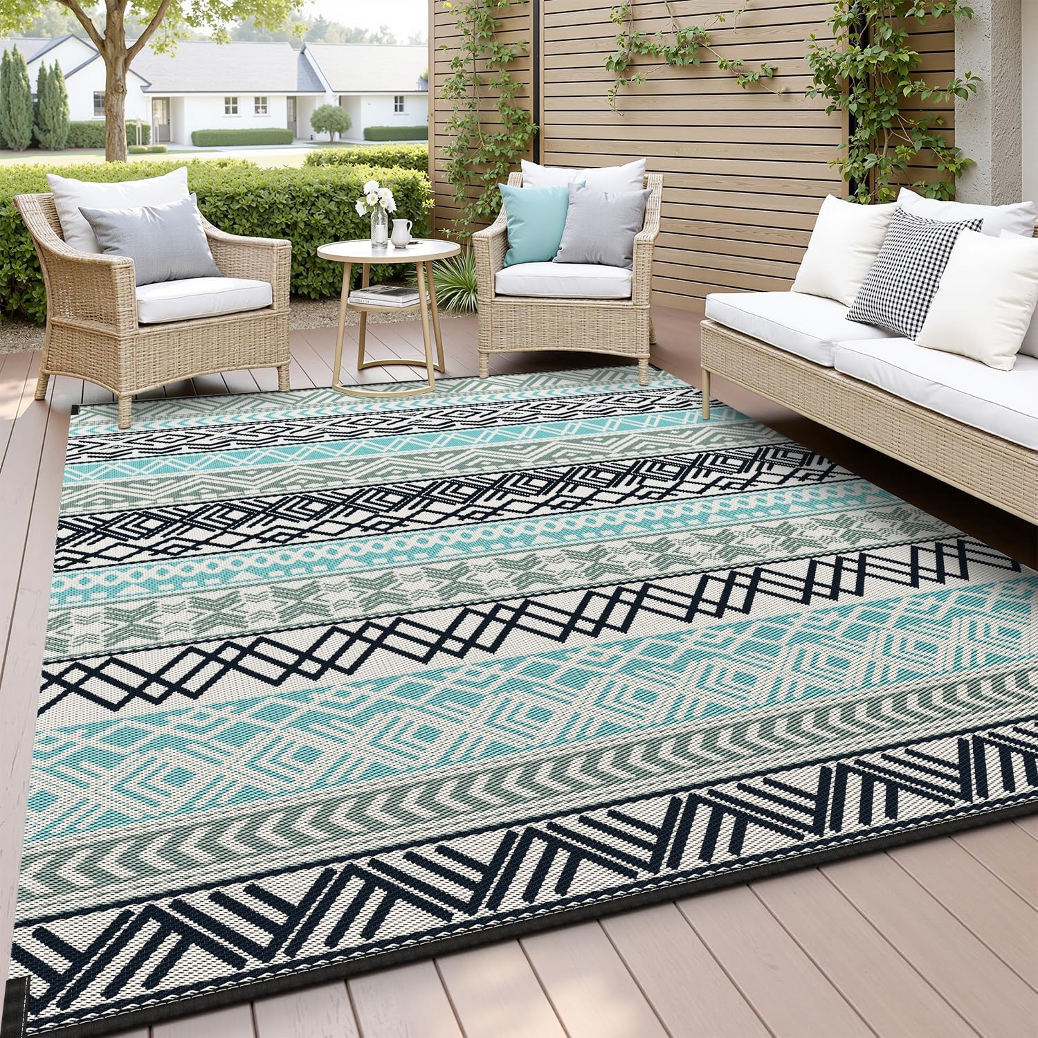 MontVoo Outdoor Rug Carpet Waterproof-Patio Rug Mat 5x8 Reversible RV Camping Rug Picnic Mat Plastic Straw Outside Rug for Balcony Porch Deck Beach-Boho Outdoor Area Rug for Patio Decor Colorful