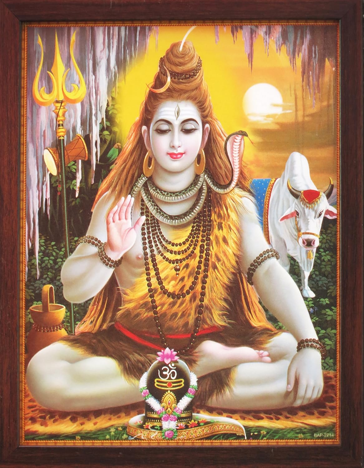HandicraftStore Shiva Doing Meditation on Himalaya with Holy Religious Shivling, A Poster Painting with Frame for Hindu Religious Worship Purpose