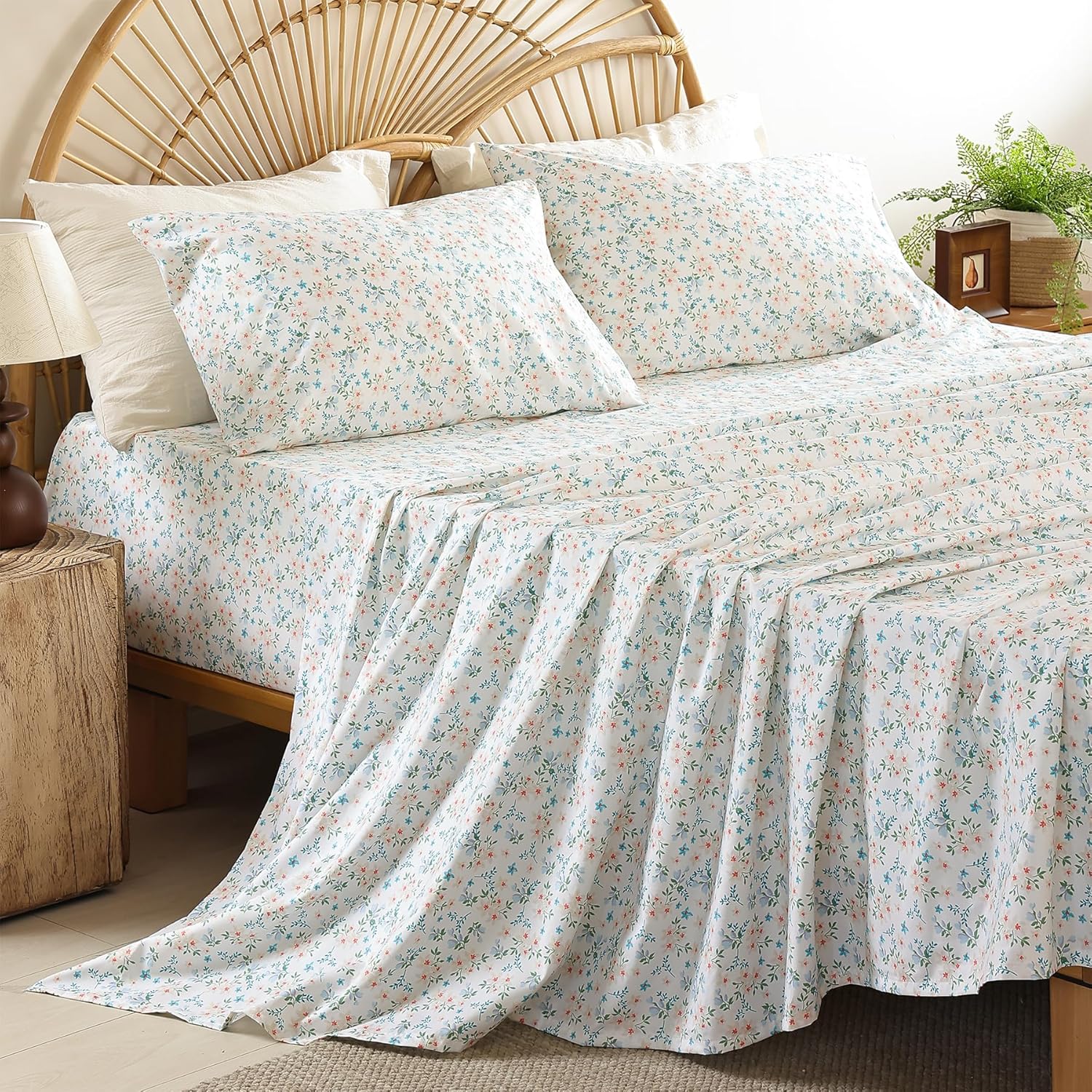 Whitney Home Textile Peach Floral Printed Twin Sheet Set - Soft Boho Botanical Rustic Pattern Bed Sheets, Microfiber Bedding & Pillowcases, Oeko-Tex, Wrinkle Free, 3 Piece (Twin Size)