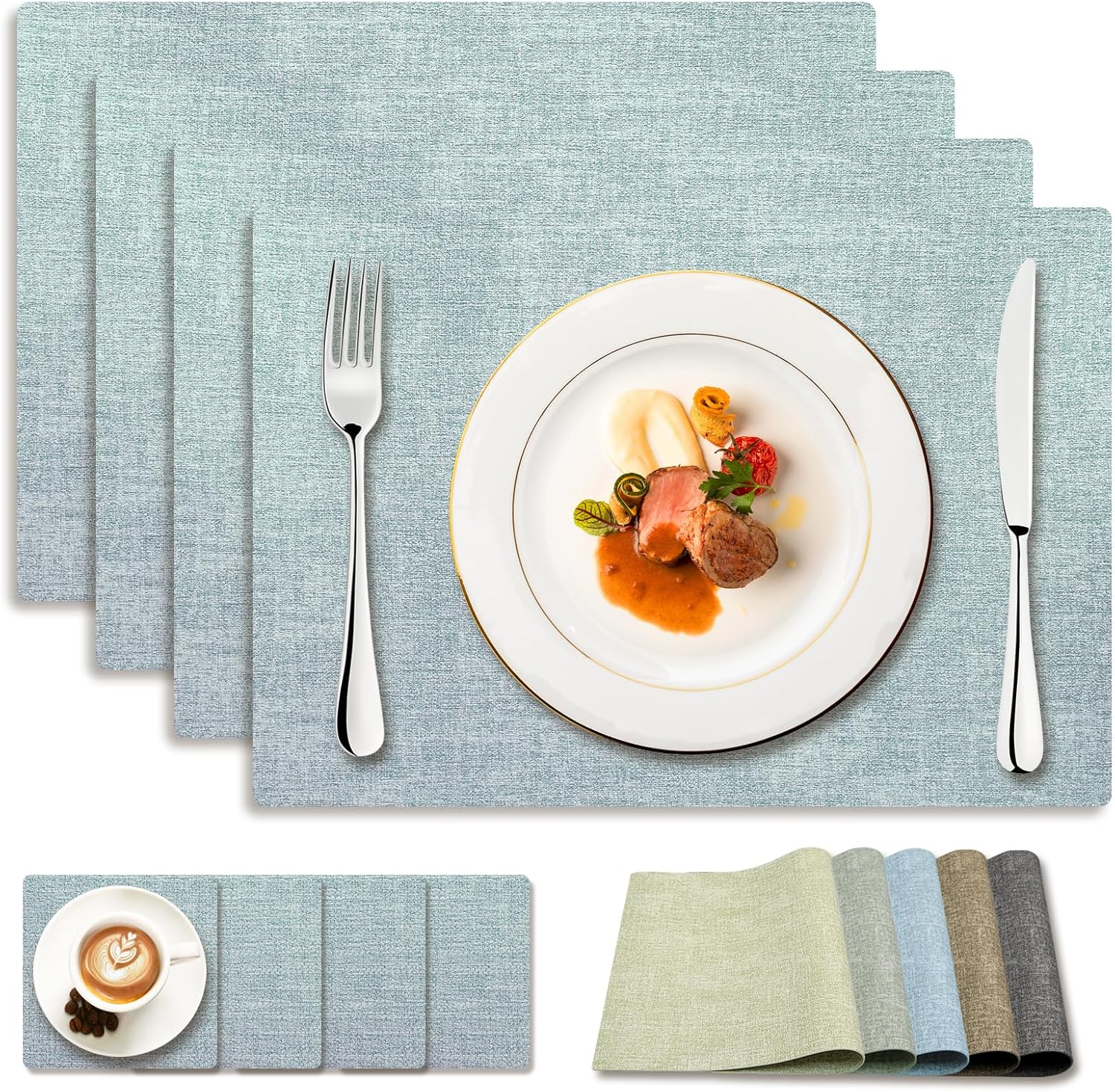 Faux Leather Placemats Set of 4 with Coasters, Easy to Clean, Heat-resistant Leather Placemats Wipeable for Dinner Table, Light Blue