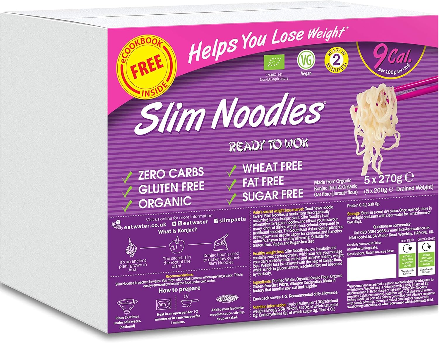 Eat Water Slim Pasta Noodles (Pack of 5, 270g Each) Zero Carbohydrate | Keto, Paleo & Vegan Friendly | Zero Sugar, Low Calorie (9 kcal/100g) Made from Konjac Flour | Enviro Pack