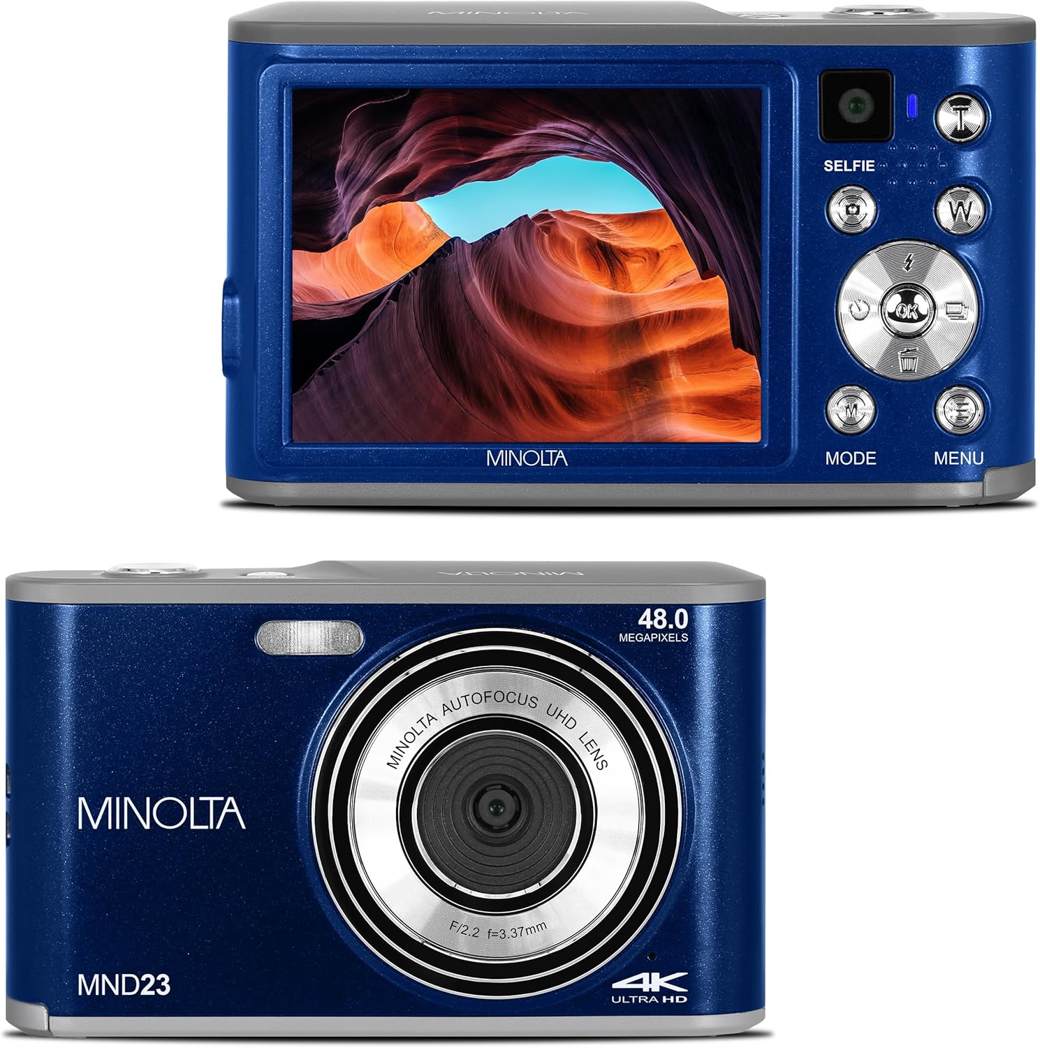 Minolta 48MP Digital Camera – 4K Ultra HD Video, Rear Selfie Lens, 2.8-inch LCD Screen, 16X Digital Zoom, Slow Motion, Autofocus, Time Lapse, Color Filters, Scene Modes, 32GB Card (Blue)