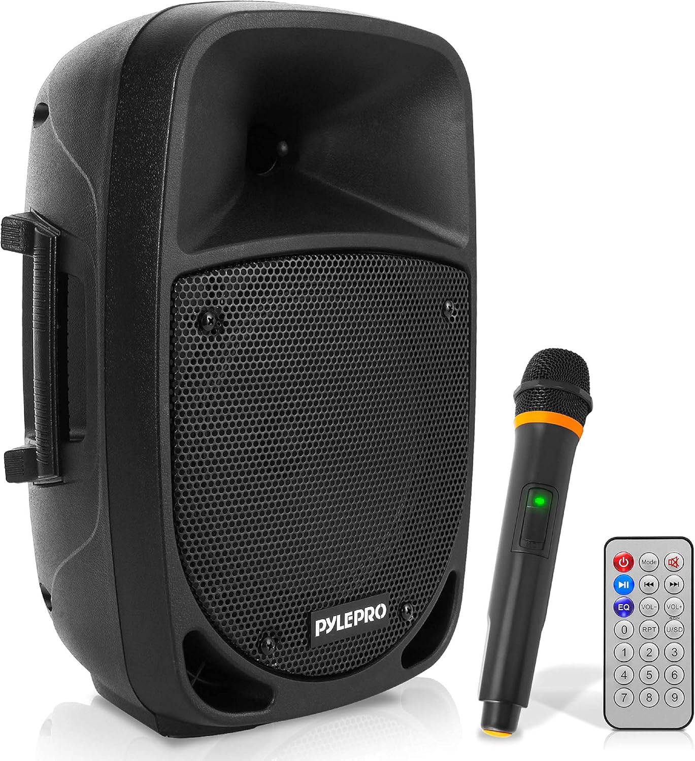 Pyle 800W Portable Bluetooth PA Speaker - 8’’ Subwoofer, LED Battery Indicator Lights w/ Built-in Rechargeable Battery, MP3/USB/SD Card Reader, and UHF Wireless Microphone - Pyle PSBT85A,Black