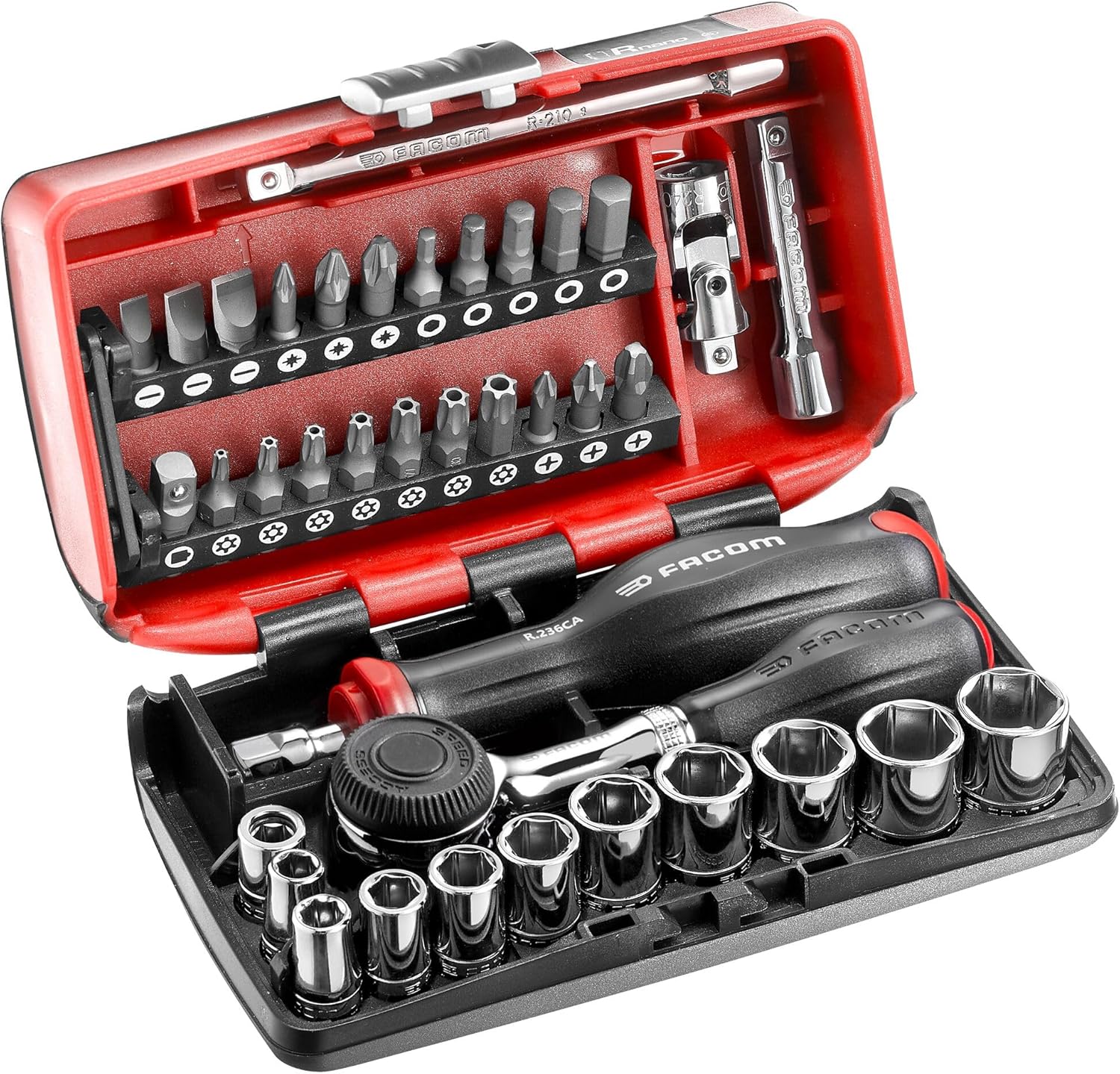 FACOM NANO 38 Piece 6-Point 1/4 Inch Metric Compact Complete Screwing and Tightening Set with R.360NANOPB Quick Action 360 Rotary Handle Ratchet, Red, 6 Point Metric
