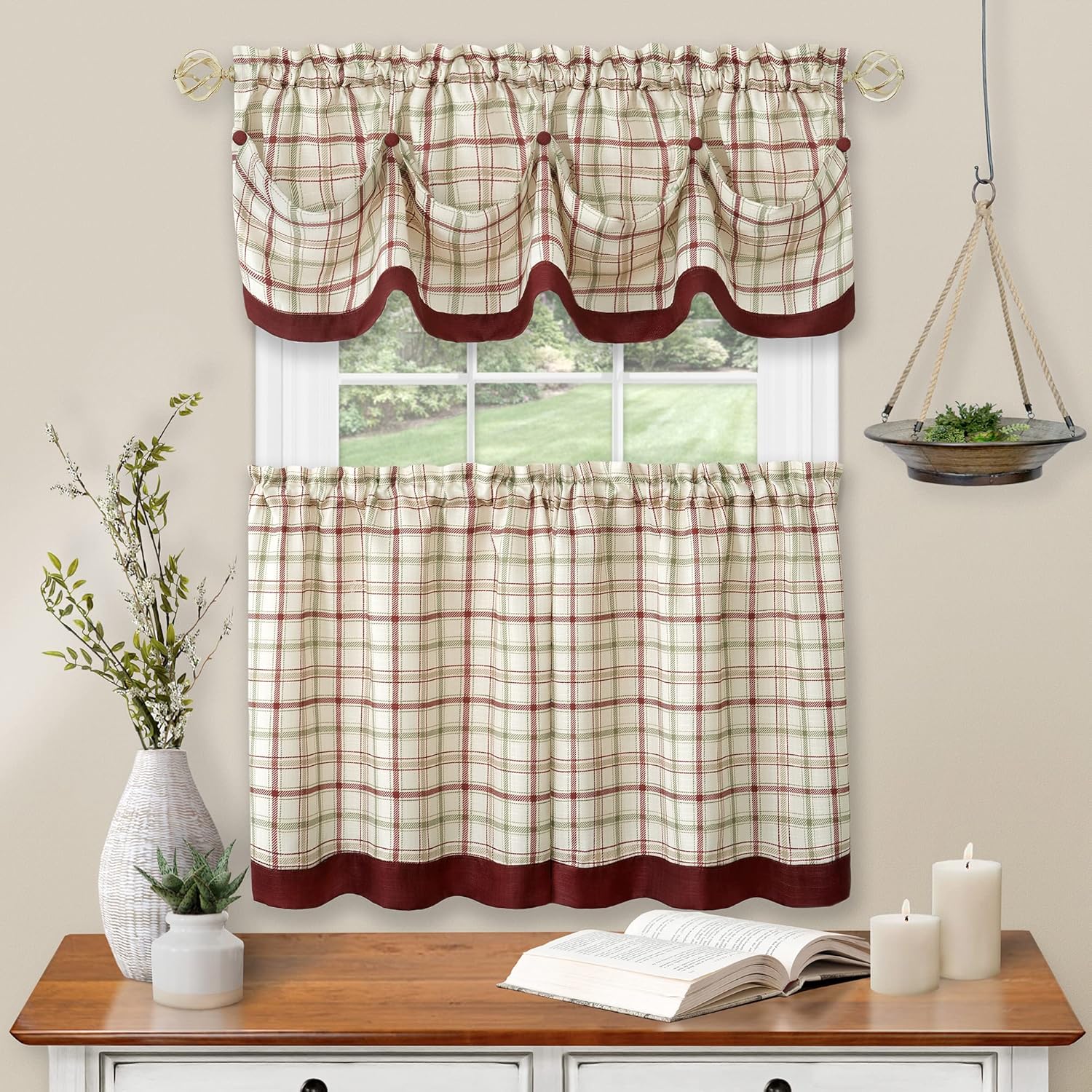 Achim Home Furnishings Tier Pair and Valance Set Tattersall Window Curtain, 58" x 36", Burgundy