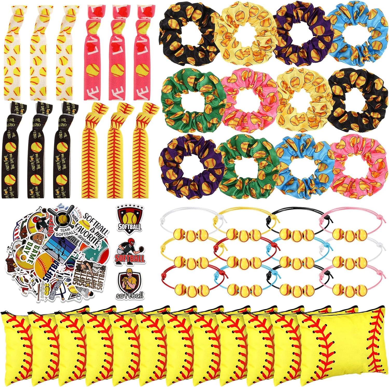 148 Pcs Softball Team Gift Bulk Party Favors Set 12 Hair Ties 12 Softball Makeup Bag 12 Softball Bracelets 12 Hair Scrunchies 100 Softball Stickers for Player Party Birthday Supplies