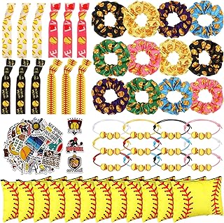 148 Pcs Softball Team Gift Bulk Party Favors Set 12 Hair Ties 12 Softball Makeup Bag 12 Softball Bracelets 12 Hair Scrunchies 100 Softball Stickers for Player Party Birthday Supplies
