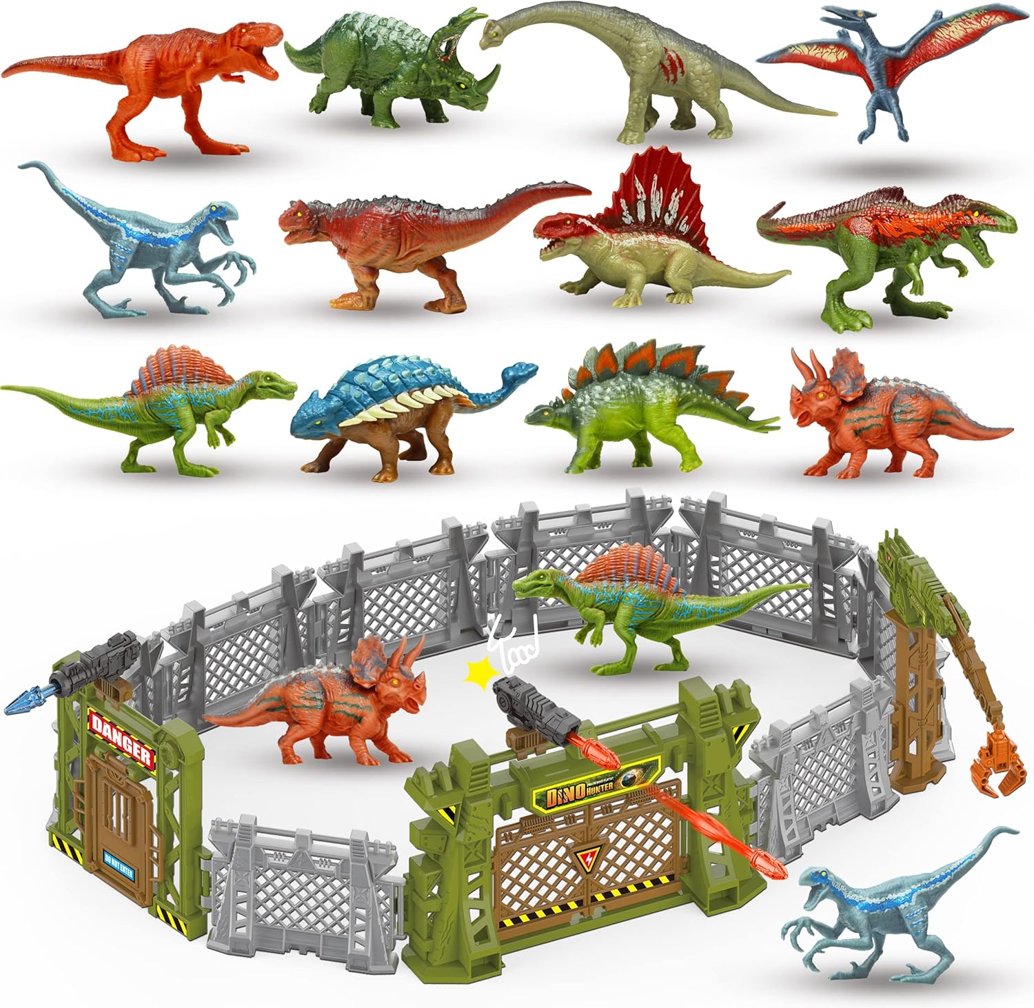 Oriate 12PCS Mini Dinosaurs Figurines Toys with Dinosaur Trainning Fence Play Toys Set for Kids 3-5 5-7, Capture n Escape Dino World Playset, Including 12 Jurassic Dinosaur Fences & 2 Blasters