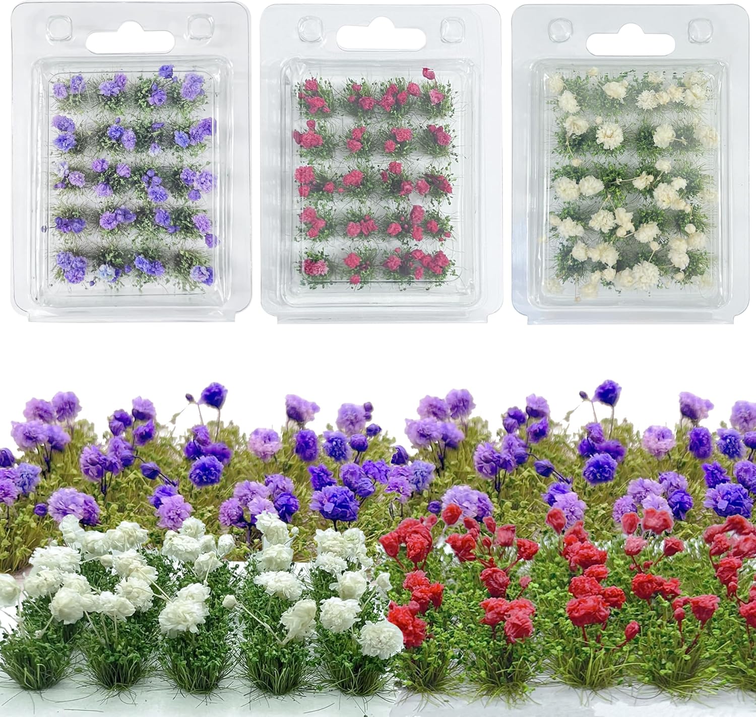 Woohome Flower Cluster Flower Vegetation Groups Grass Tufts Miniature Static Scenery for DIY Architecture Building Model Railway Train Diorama Garden Scenery Landscape Layout (3 Colors)