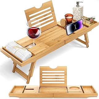 SereneLife Bath Caddy Breakfast Tray Combo - Natural Bamboo Wood Waterproof Tub and Bed with Folding Slide-Out Arms, Device Grooves, Wine Glass Soap Holder