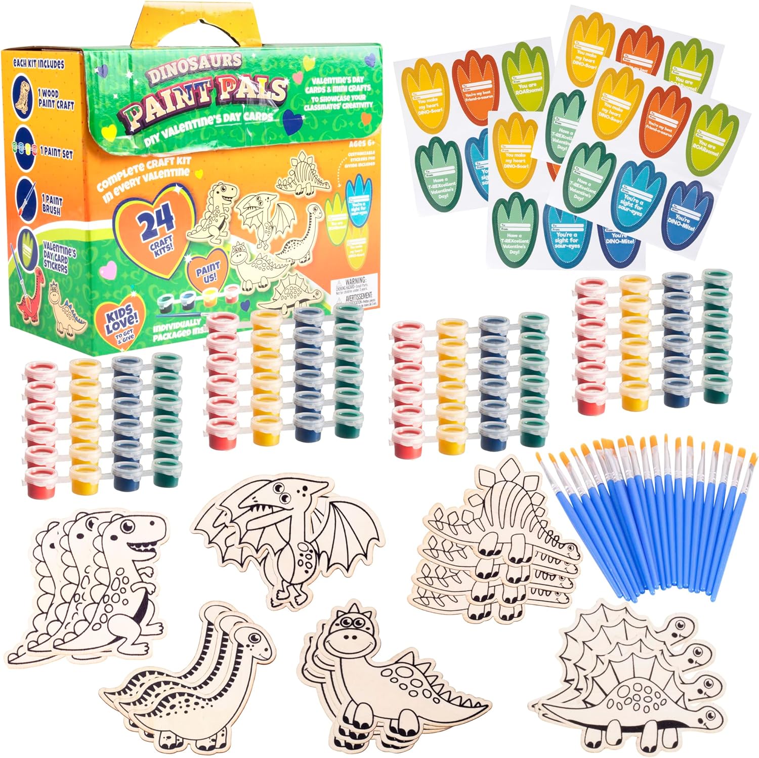 Dinosaur Wood Painting Kits (24 ct) - Perfect Goodie Bag Party Favors for Kids Birthday Party - Each has a Dino Wood Craft, Paints, Brush & Sticker for Boys & Girls - Kids Multi-Item Party Favor Packs