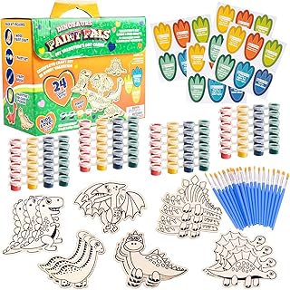 Dinosaur Wood Painting Kits (24 ct) - Perfect Goodie Bag Party Favors for Kids Birthday Party - Each has a Dino Wood Craft, Paints, Brush & Sticker for Boys & Girls - Kids Multi-Item Party Favor Packs