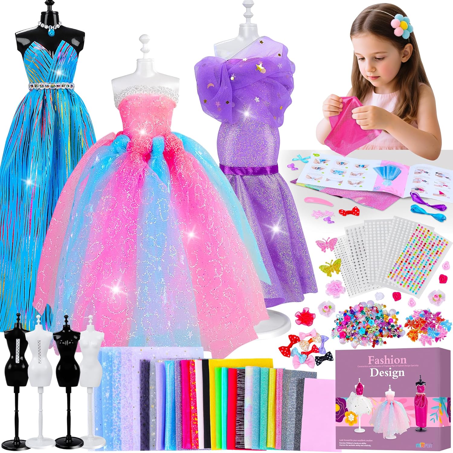 800+Pcs Fashion Designer Kit for Girls, Sewing Kit with 4 Mannequins, DIY Arts and Crafts Kit for Kids, Doll Clothes Making Kit, Girl Toys for Age 6 7 8 9 10 11 12 Year Old Gifts