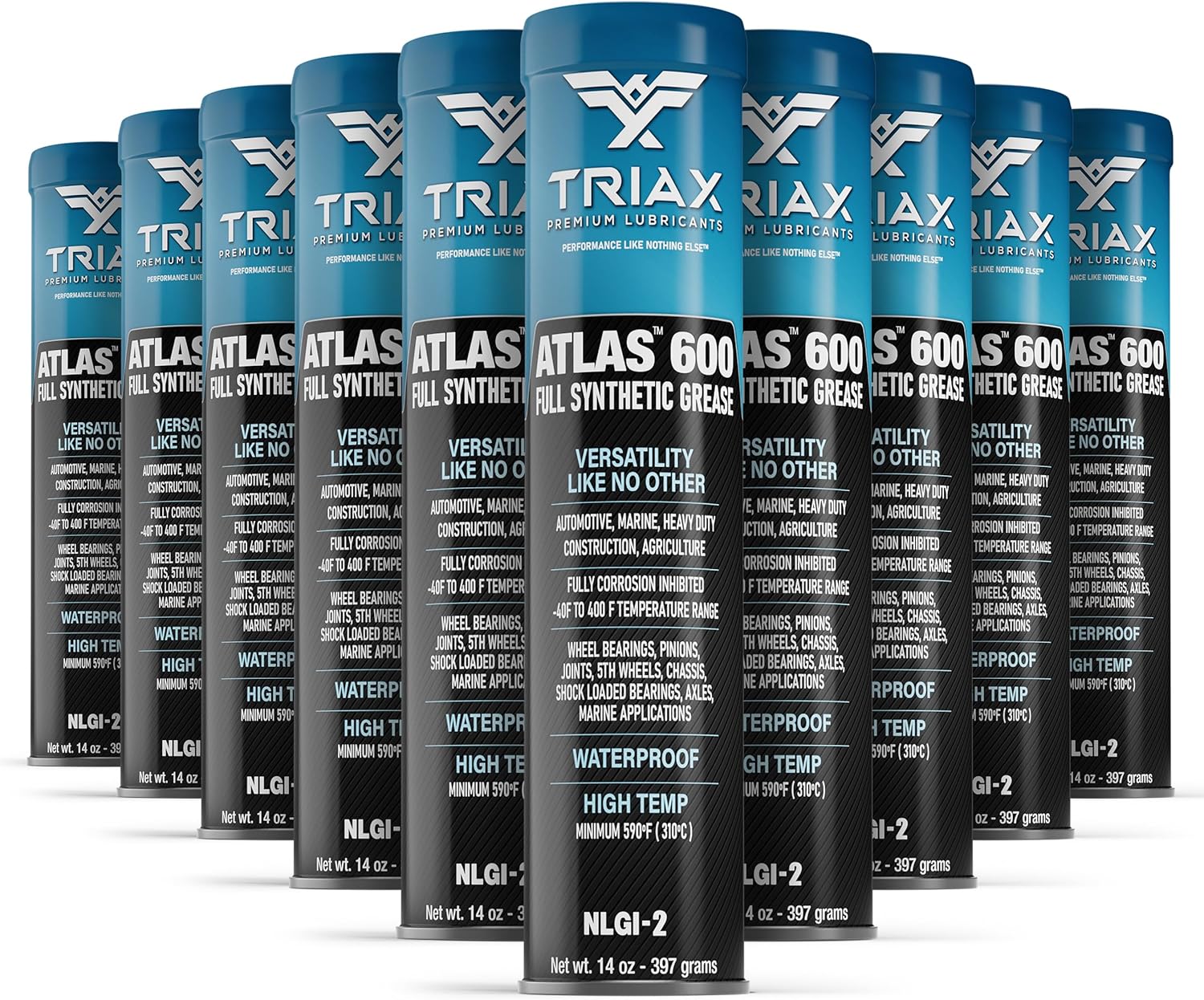 TRIAX Atlas 600 - Full Synthetic Grease - Ultra Duty - All 5th Wheel, Bearings, Joints, Pivots, Bolts - Super Adhesive - Marine - Wide Temp Range -40 F to 450 F - 14 Ounce Cartridge (10 Tube Pack)