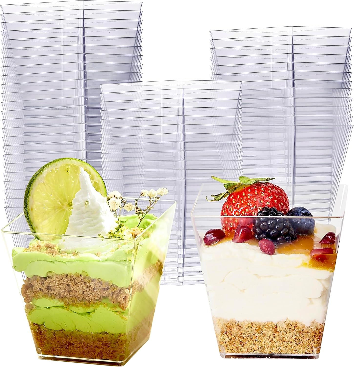 MATANA 48 Hard Plastic Dessert Cups, Reusable Dessert Pots (Square, 225ml) - Individual Cheesecake Pots, Plastic Ramekins, Trifle Bowls - Dessert Glasses for Pudding, Mousse, Parfait, Tiramisu, Jelly