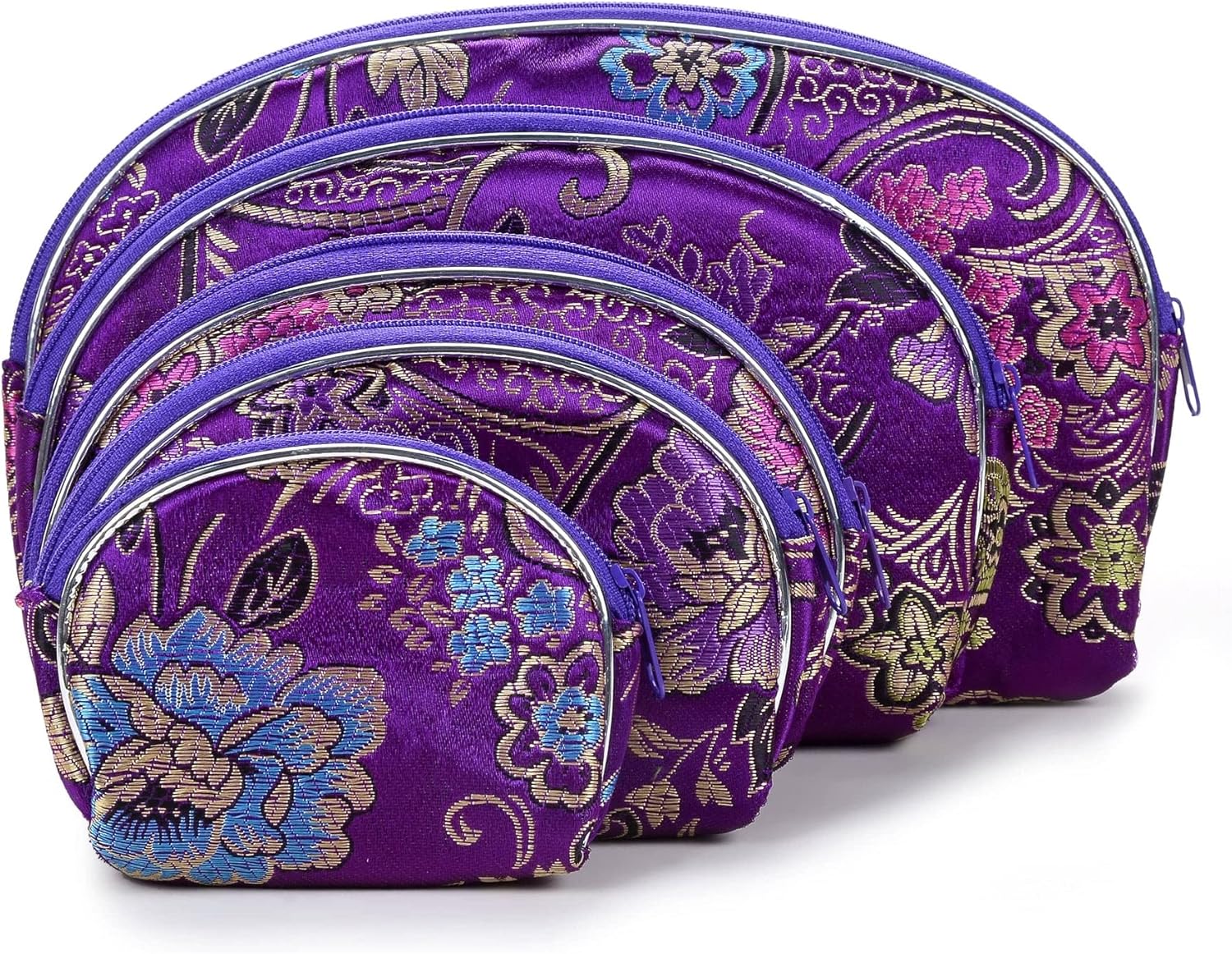 KALIFANO 5pcs Purple Flower Jewelry & Coin Silk Pouch Brocade Embroidered Gift Bag/Purse - Oriental Chinese Style Travel Wallet with Zipper (Family Owned and Operated)