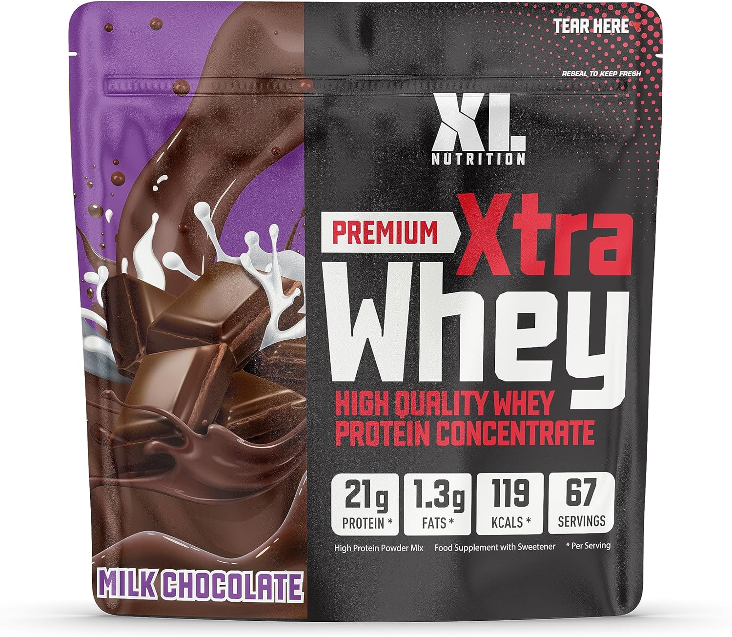 XL Nutrition Whey Protein Powder | High Protein, Low Carbohydrates | 67 Servings, 2kg | Suitable for Vegetarians | Ideal for Muscle Building, Recovery Support (Milk Chocolate)
