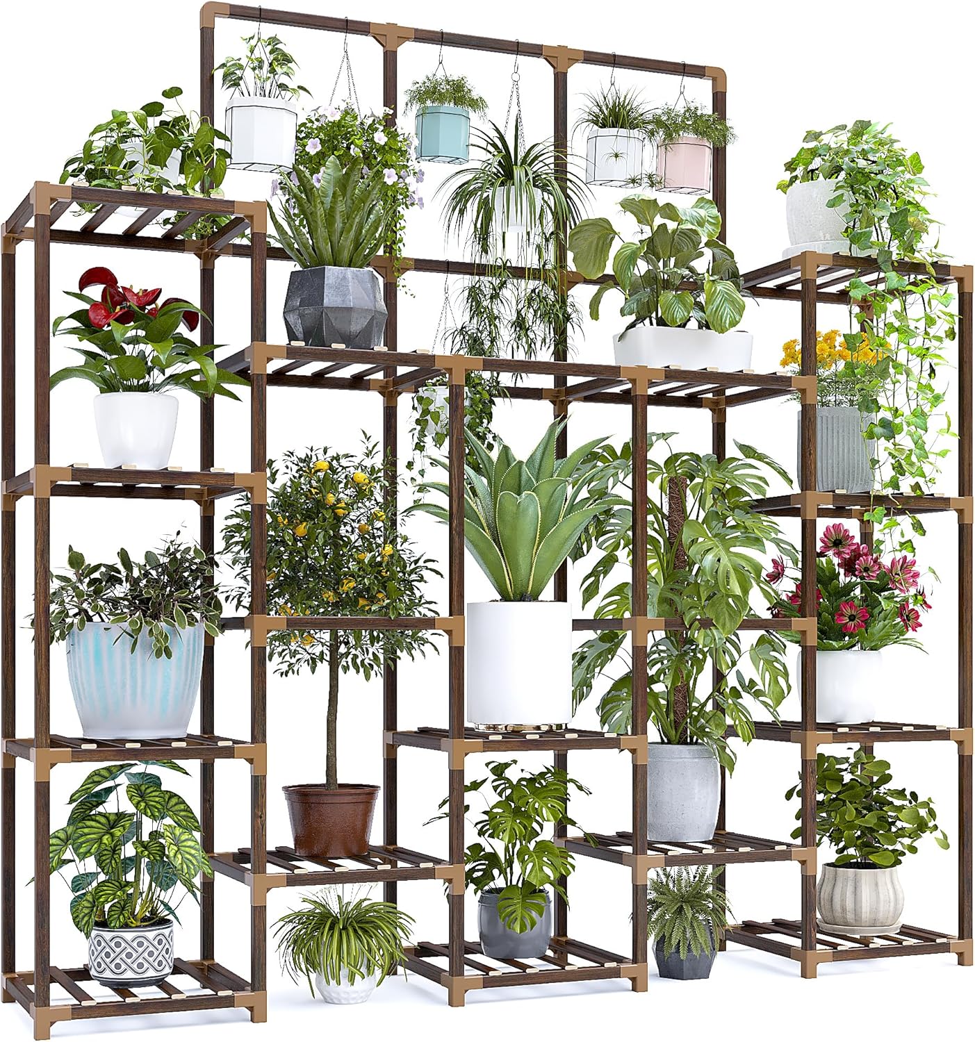EnHomee 63''H Upgrade Plant Stand Indoor Tall Plant Stands Outdoor with 7 Tiers and 14 Potted Wood Plant Shelves Stand Load-Bearing 600 LBS, Multiple Plant Stand for Garden Balcony 11.8''x56''x63''