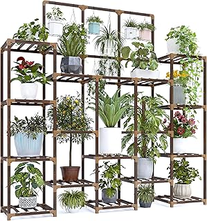 EnHomee 63''H Upgrade Plant Stand Indoor Tall Plant Stands Outdoor with 7 Tiers and 14 Potted Wood Plant Shelves Stand Load-Bearing 600 LBS, Multiple Plant Stand for Garden Balcony 11.8''x56''x63''