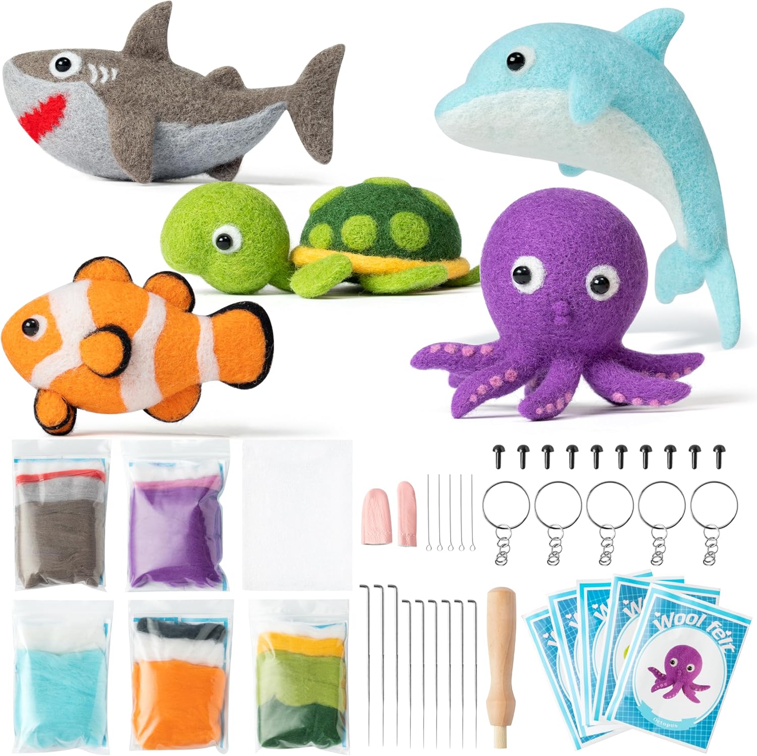 WATINC 25Pcs Sea Animal Needle Felting Starter Kit DIY Needlework Craft Felting Tools Felt Needles Foam Mat Sharks Dolphins Tortoise Octopus NOH Doll Wool Party Supplies for Beginners Adults Kids