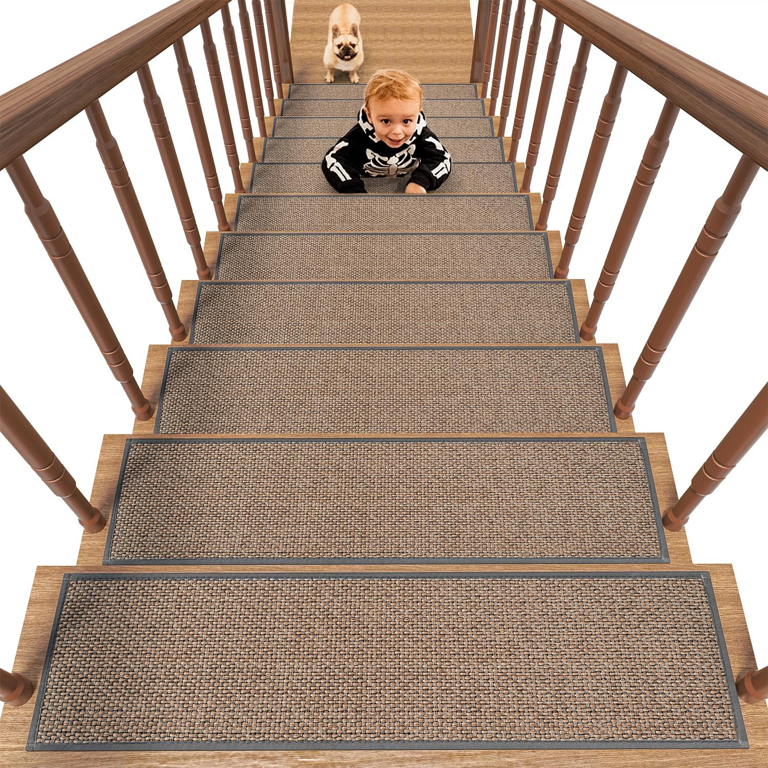 PADOOR Non Slip Stair-Treads,Rubber Backing Stair-Runners for Wooden Steps,15PCS Residue Free Carpet Stair Treads for Kids and Dogs 8"x30" Light Gray