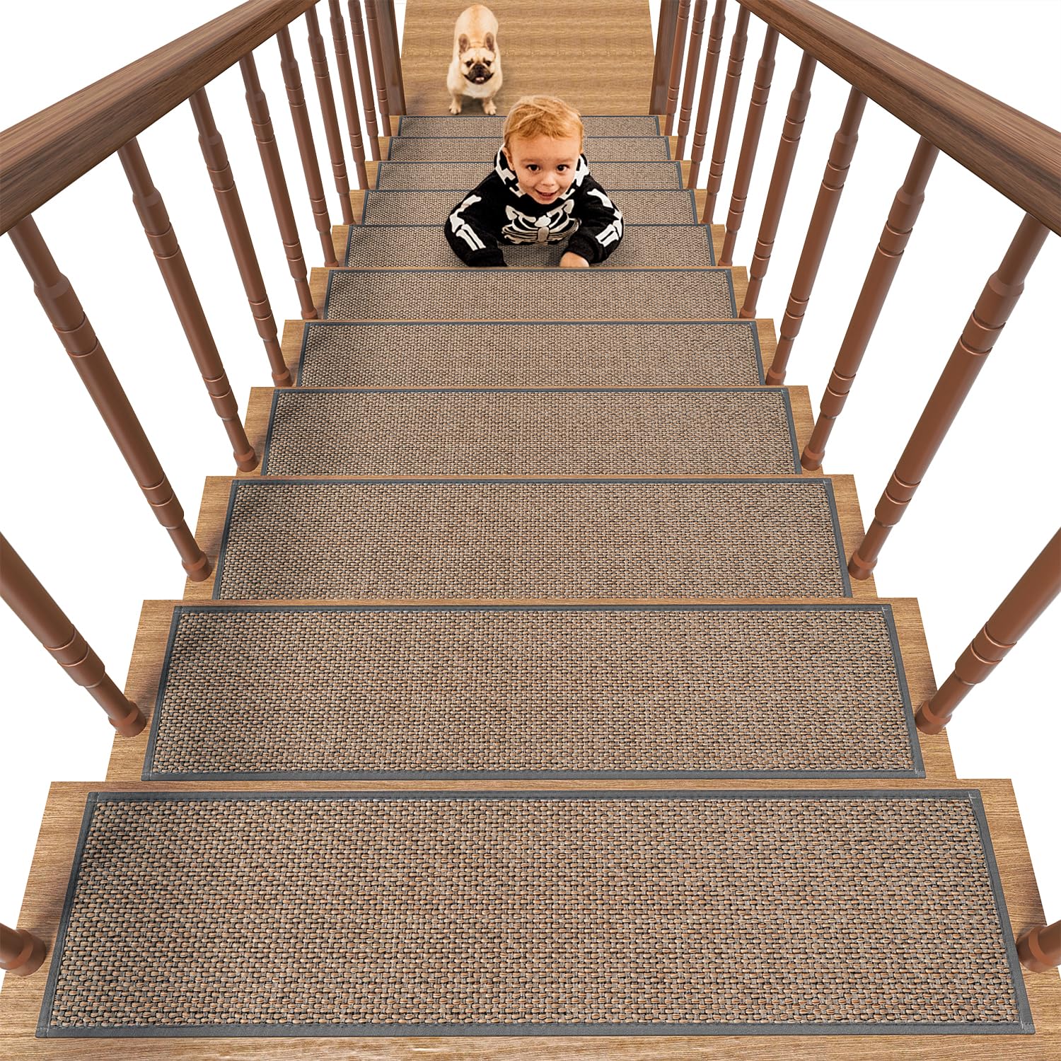PADOOR Non Slip Stair-Treads,Rubber Backing Stair-Runners for Wooden Steps,15PCS Residue Free Carpet Stair Treads for Kids and Dogs 8"x30" Light Gray