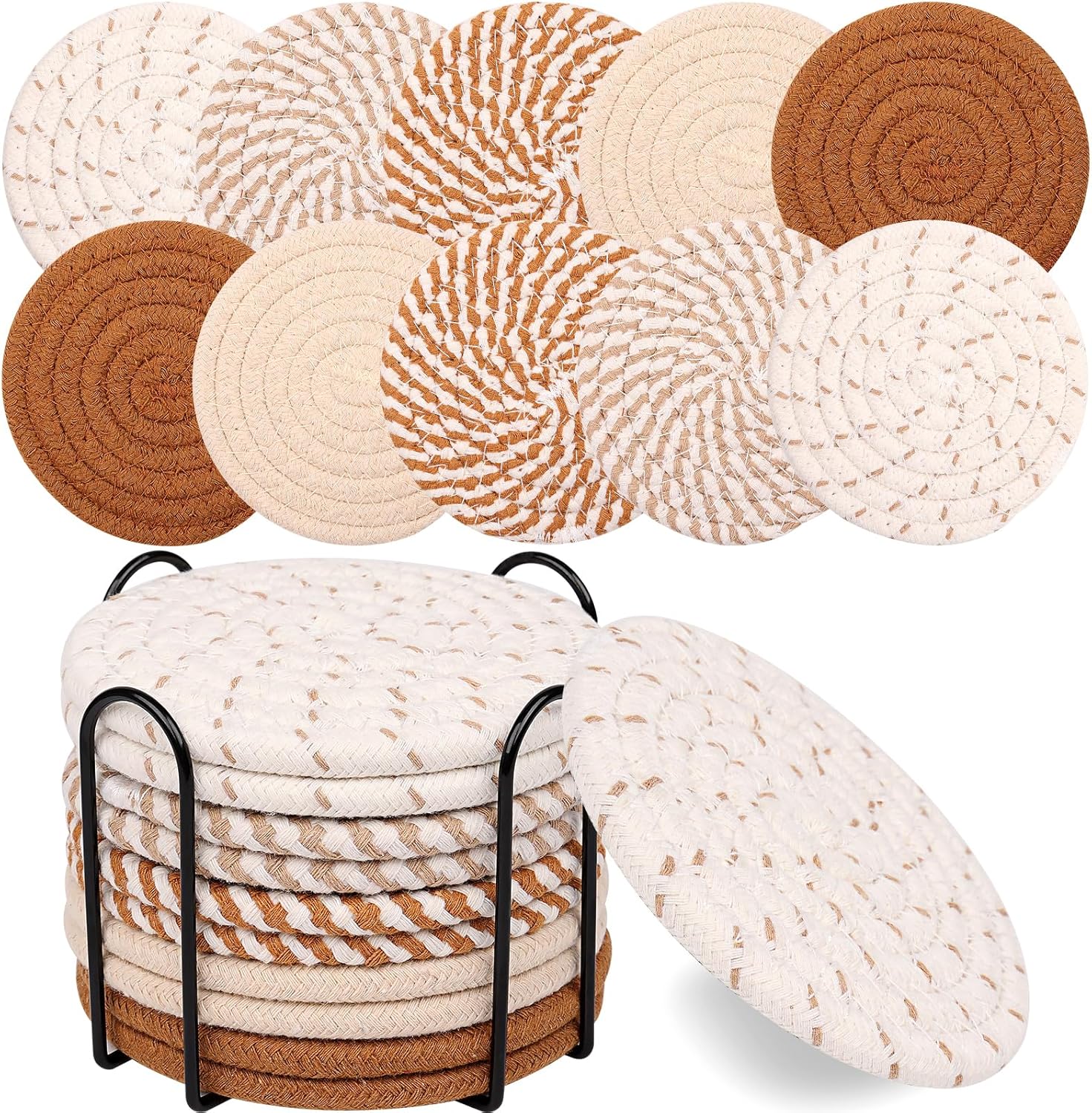 Mckanti 10 Pcs Drink Coasters with Holder, 5 Colors Absorbent Coasters for Drinks, Minimalist Boho Coasters Cotton Woven Coaster Set for Home Decor Tabletop Protection Suitable for Kinds of Cups