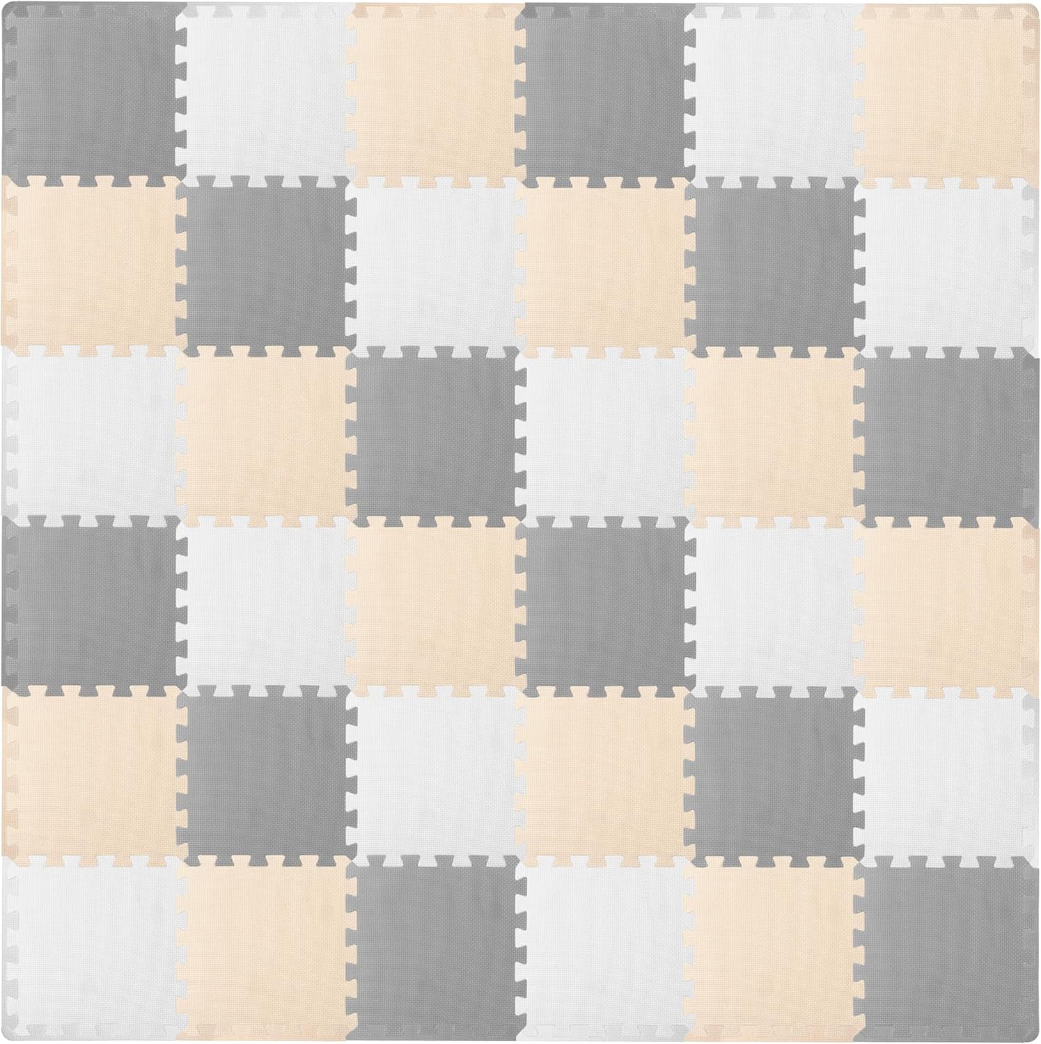 ProSource Foam Puzzle Floor Play Mat for Kids and Babies with Solid Colors, 36 or 16 Interlocking Tiles with Borders, White/Grey/Beige