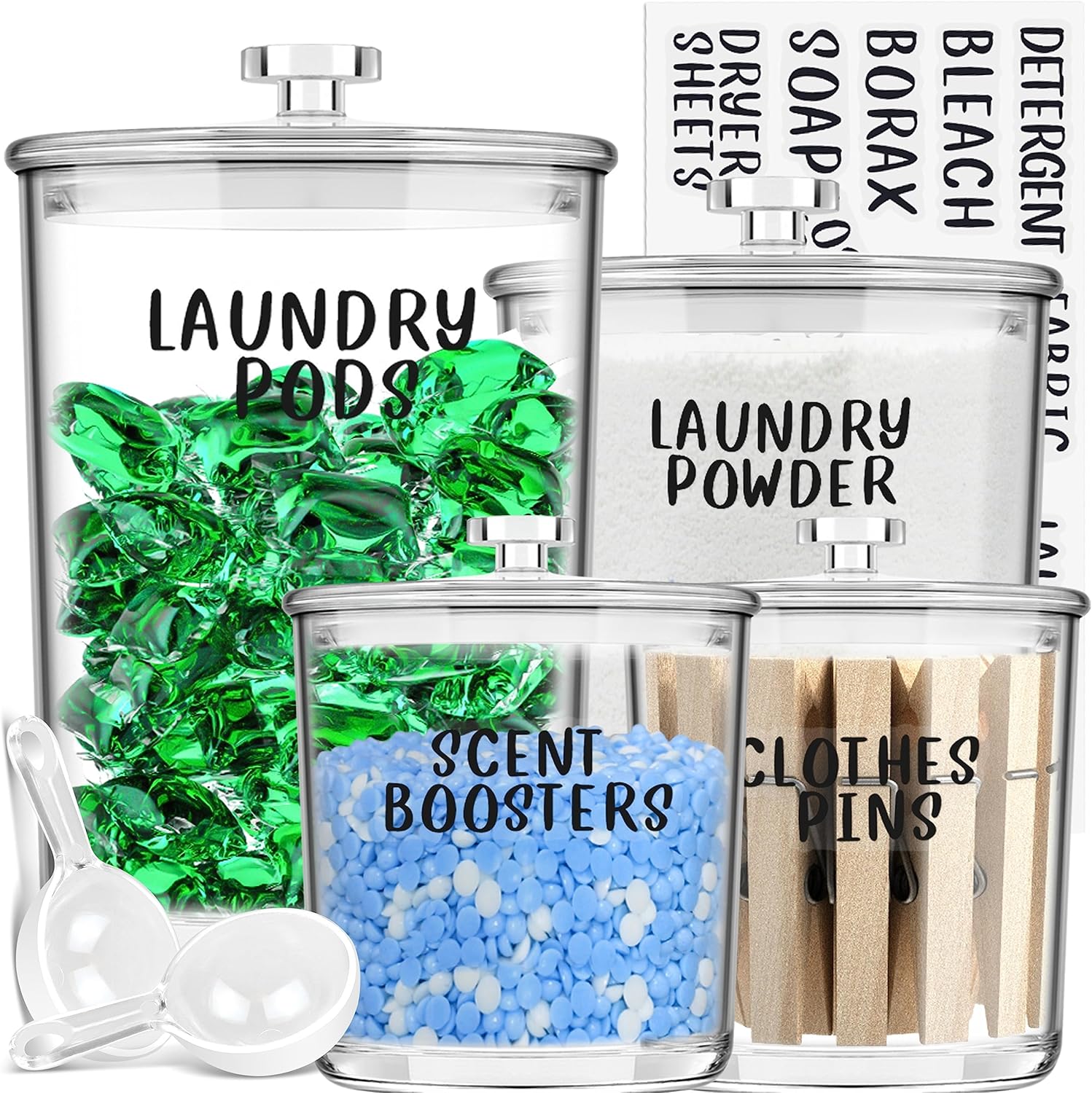 4 Pack Laundry Room Organization Jars - Laundry Storage Containers with Labels & Scoops Hold Pods, Powder, Scent Booster, Beads, Soap, Detergent - Great Laundry Organizer - Clear Acrylic