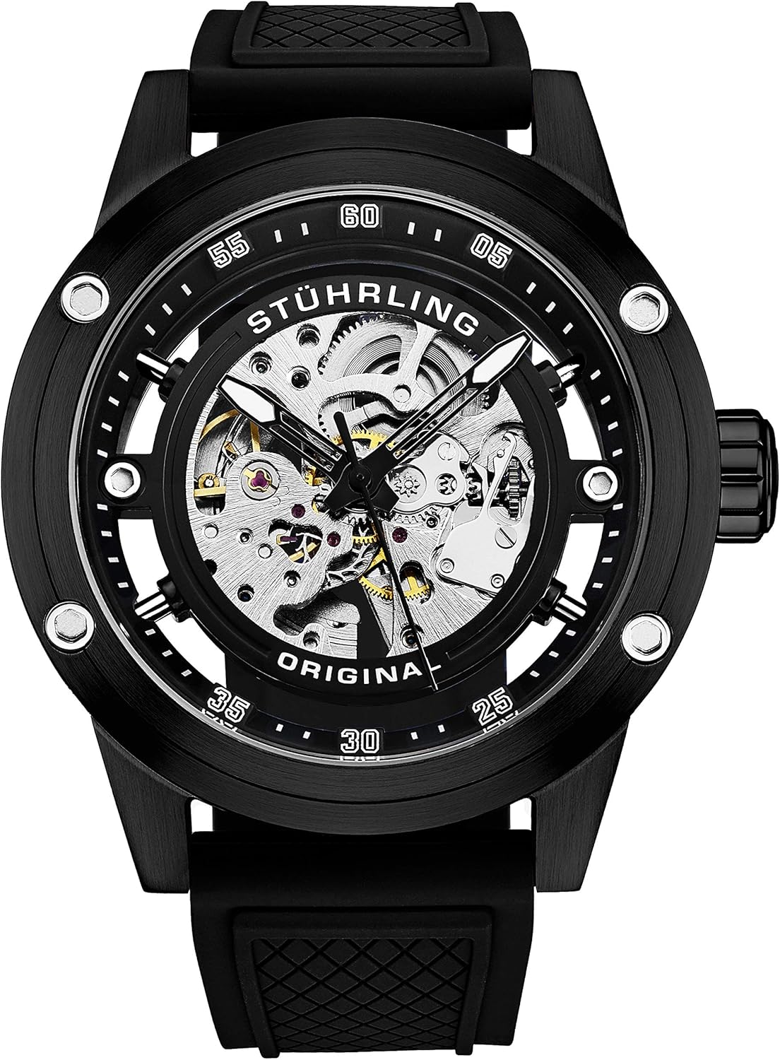 Stuhrling Original Mens Automatic Watch Skeleton Stainless Steel Self Winding Dress Watch with Rubber Strap 50MM
