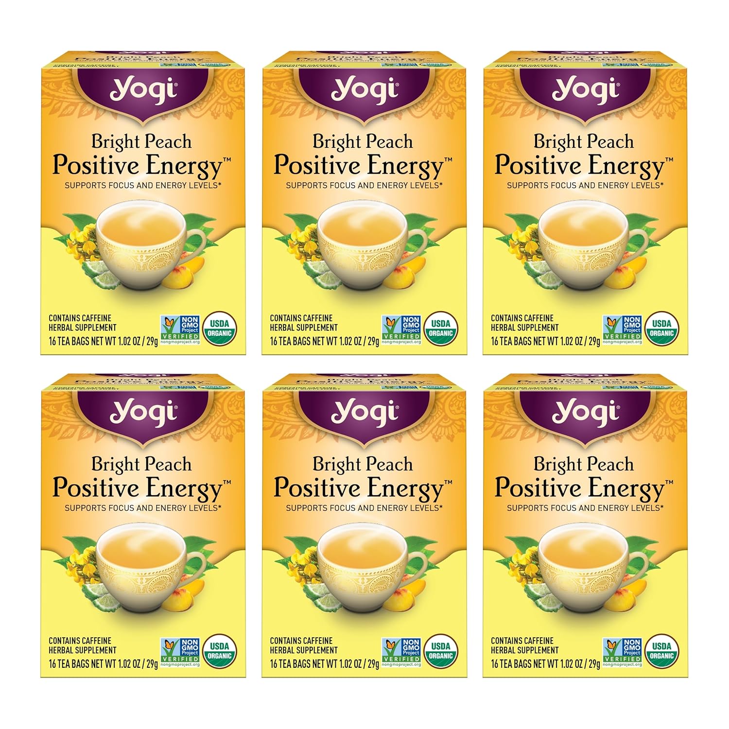 Yogi Tea Bright Peach Positive Energy Tea - 16 Tea Bags per Pack (6 Packs) - Organic Tea to Support Focus & Energy - Includes Oolong Tea Leaf, White Hibiscus Flower, Rose Hips & More