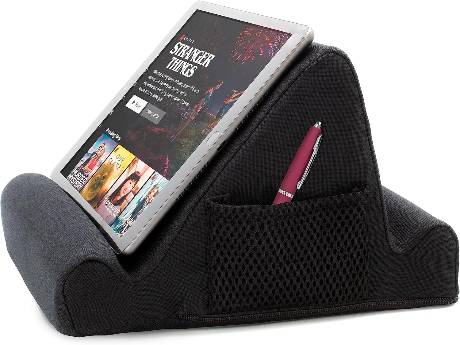 Brookstone - Memory Foam Lap Desk Tablet Holder, Holds Phones, iPads, E-Book Readers, 2 Viewing Angles, 2 Side Pockets for Accessories, Book Holder Cushion, Perfect Home, Car Travel, Flights, Black