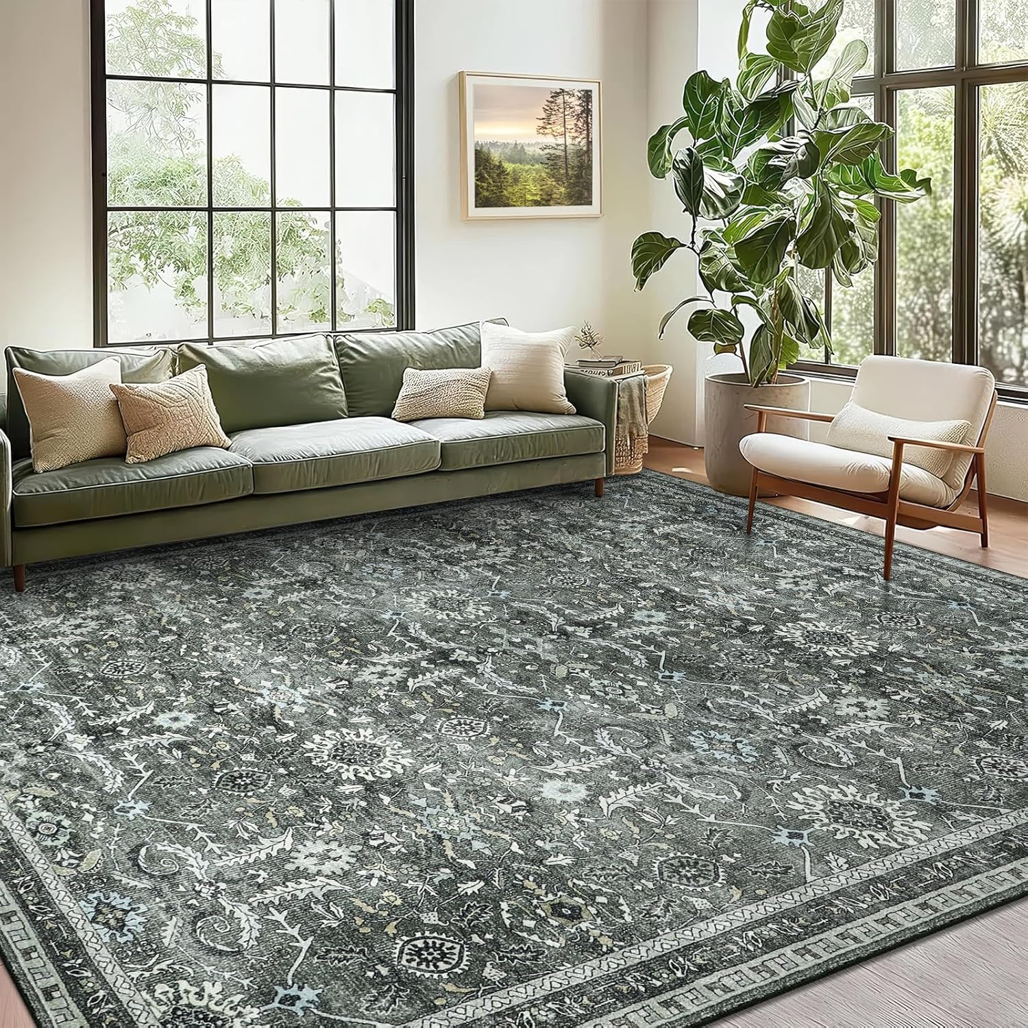IMIYOKU Washable Rugs Living Room Large 160x230cm, Boho Vintage Living Room Rug Carpet with Non-Slip Backing, Soft Low Pile Green Area Rugs for Bedroom Dining Room Kitchen Office