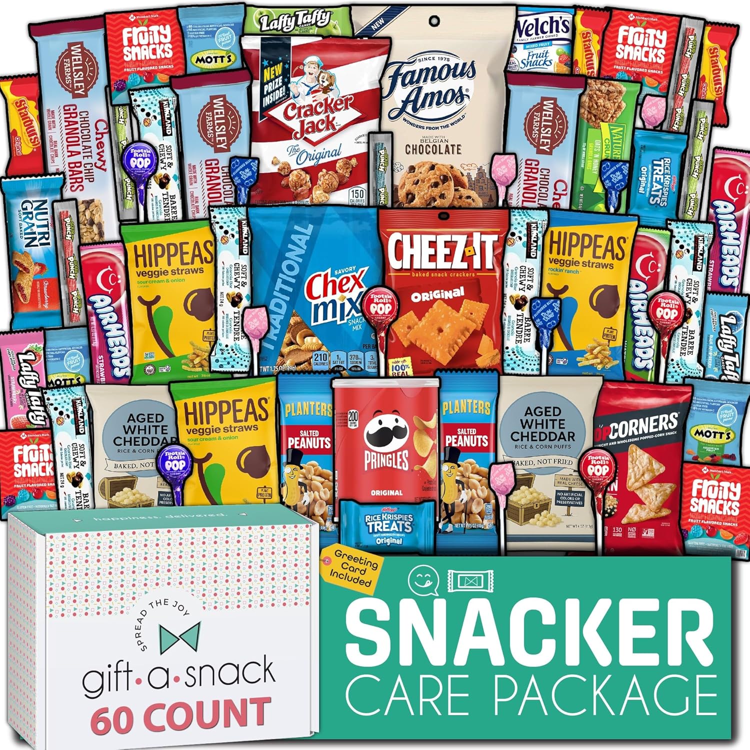 Gift A Snack - Snack Box Variety Pack Care Package + Greeting Card (60 Count) Birthday Sweet Treats Gift Basket Candies Chips Crackers Bars Food Assortments Variety