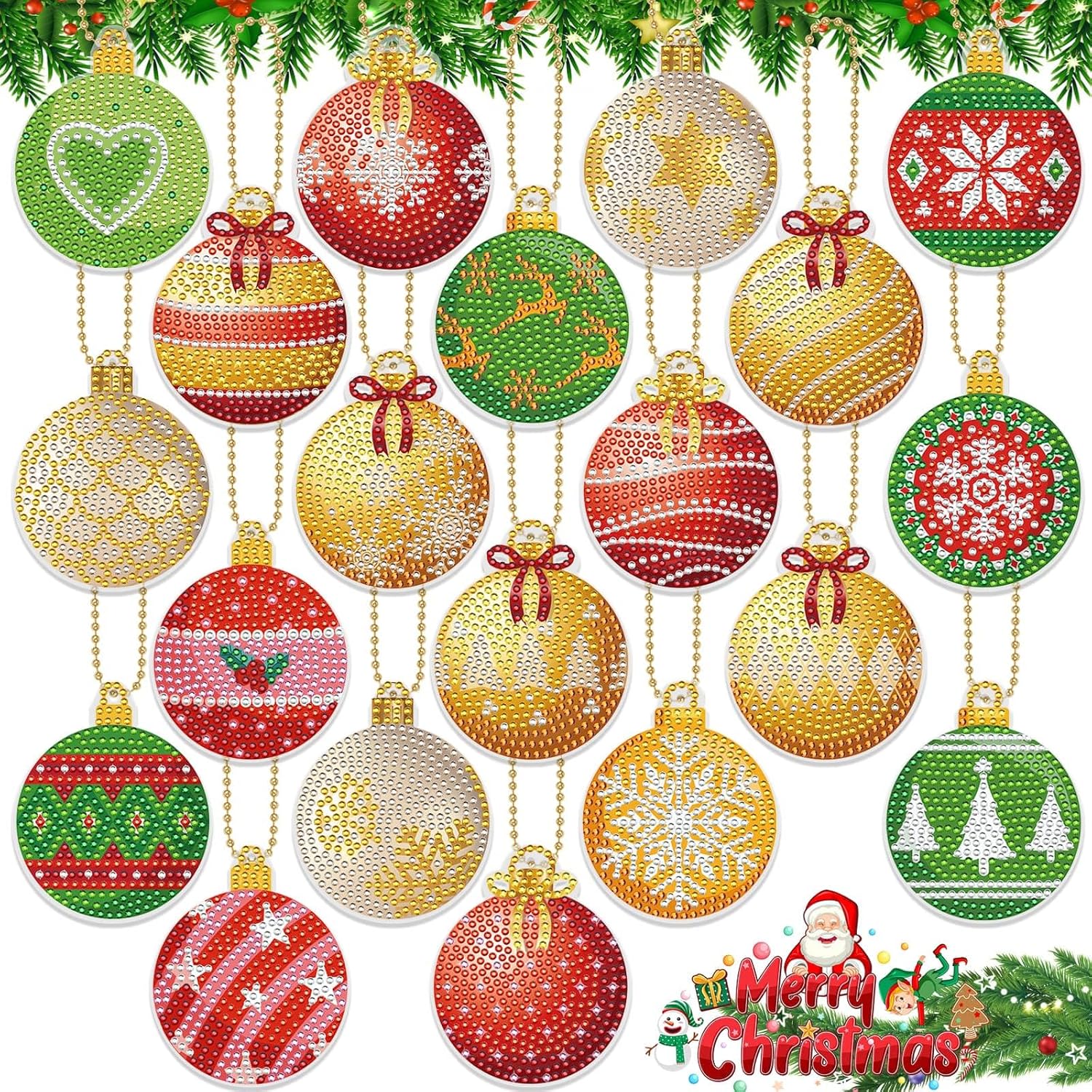 Billbotk 20 Pieces Christmas Diamond Art Painting Keychain Ornaments 5D Double Sided Christmas Ornaments Diamond Art Kit for Kids DIY Christmas Tree Ornaments