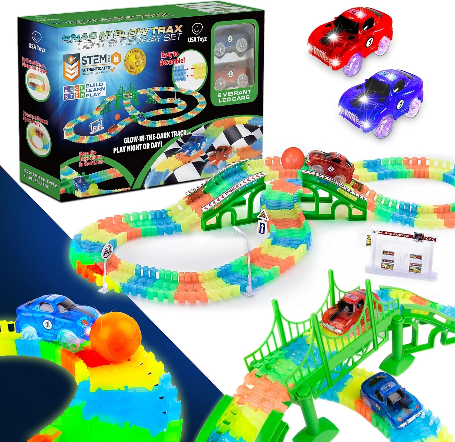USA Toyz Glow Trax Glow in The Dark Race Tracks for Kids- Speedway Race Car Track Set with 360pk Flexible Roads, 2 Light Up Toy Cars, Bridges, Ramps, Play Set STEM Building Toys for Boys and Girls