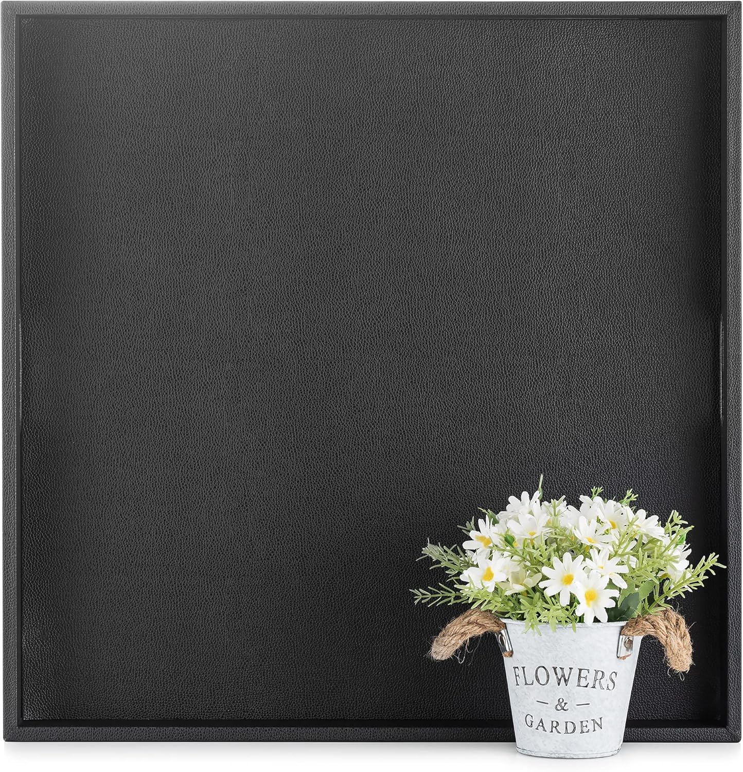 Hanobe Square Large Ottoman Tray: Extra Large Black Serving Tray for Ottomans Big Leather Decorative Tray with Handles for Coffee Table Living Room 22" x 22"