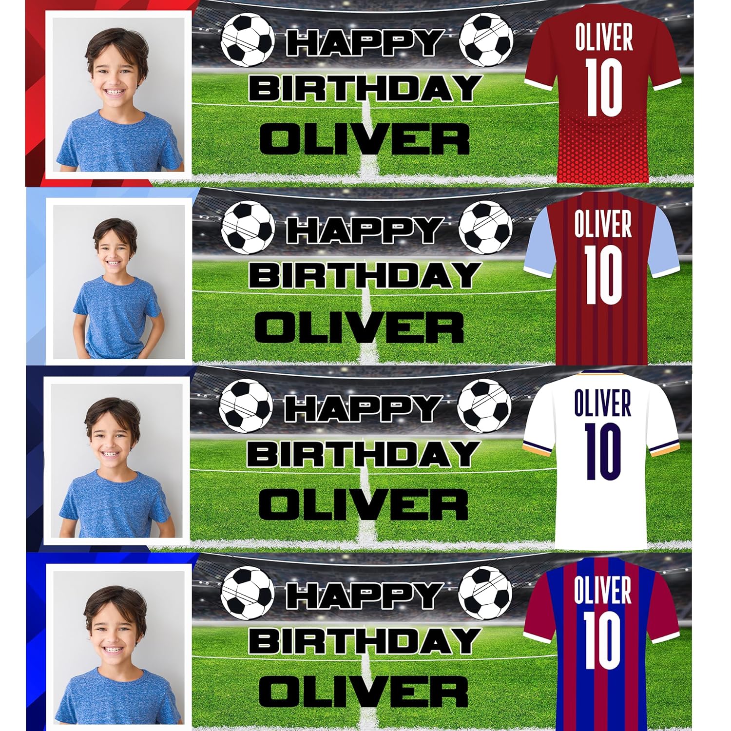 Personalised Football Birthday Banner with Picture 110 x 30 cm Custom Party Decoration for Girls and Boys - Football themed party sign for kids - Red