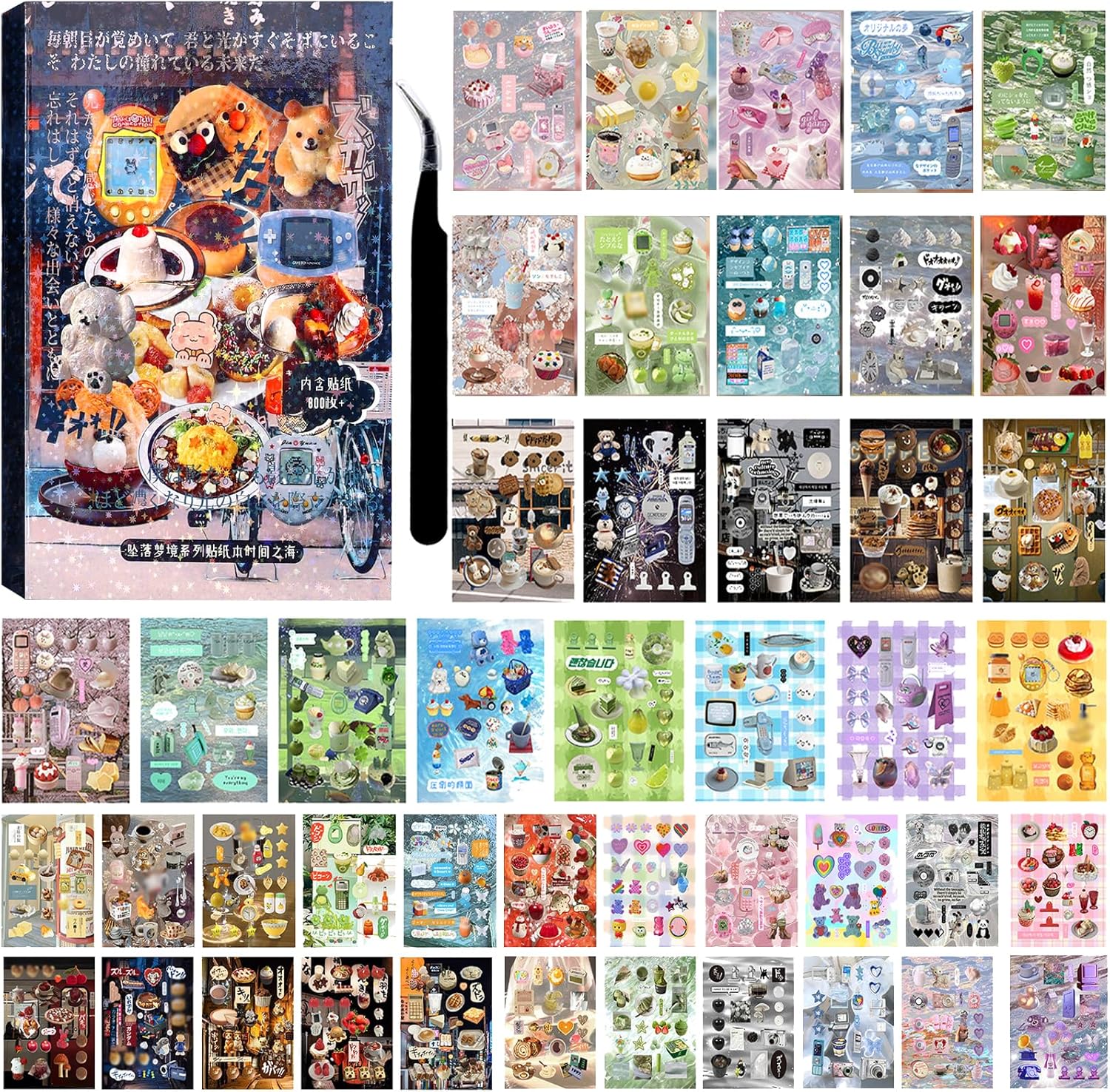 800Pcs Cute Scrapbook Stickers Travel Japanese Sticker Book for Adult Kawaii Korean Stickers for Journaling Aesthetic Kpop Photocard Sticker Glitter Toploader Decor for DIY Christmas Gifts 50 Page Sea