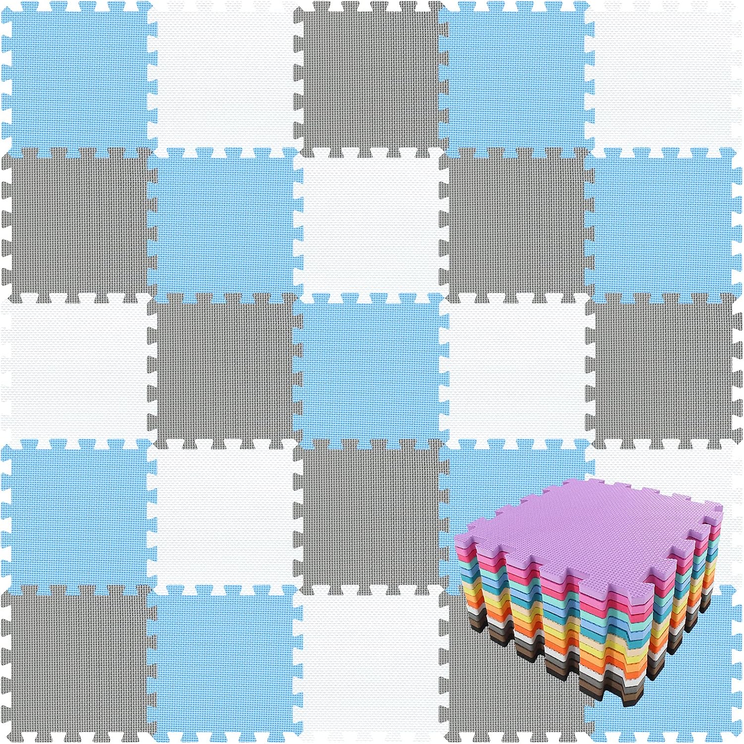 qqpp EVA Rubber 18 Tiles Interlocking Puzzle Foam Floor Mats - Baby Play Mat for Playing | Exercise Mat for Home Workout. White, Blue, Gray. QC-AGLb18N