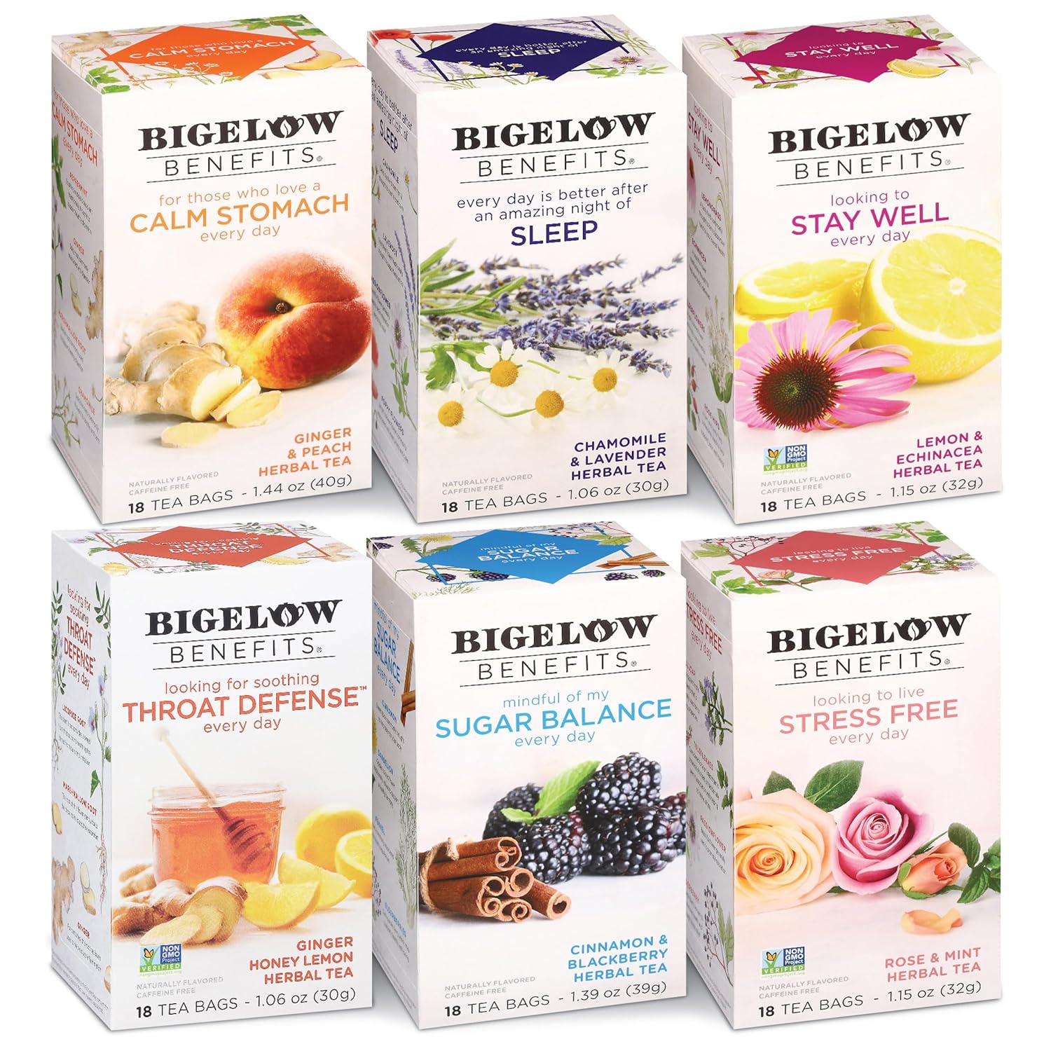 Bigelow Tea Benefits Wellness Teabag Variety Pack, Mixed Caffeinated Green Matcha & Caffeine-Free Herbal Tea, 18 Count Box (Pack of 6) 108 Tea Bags Total