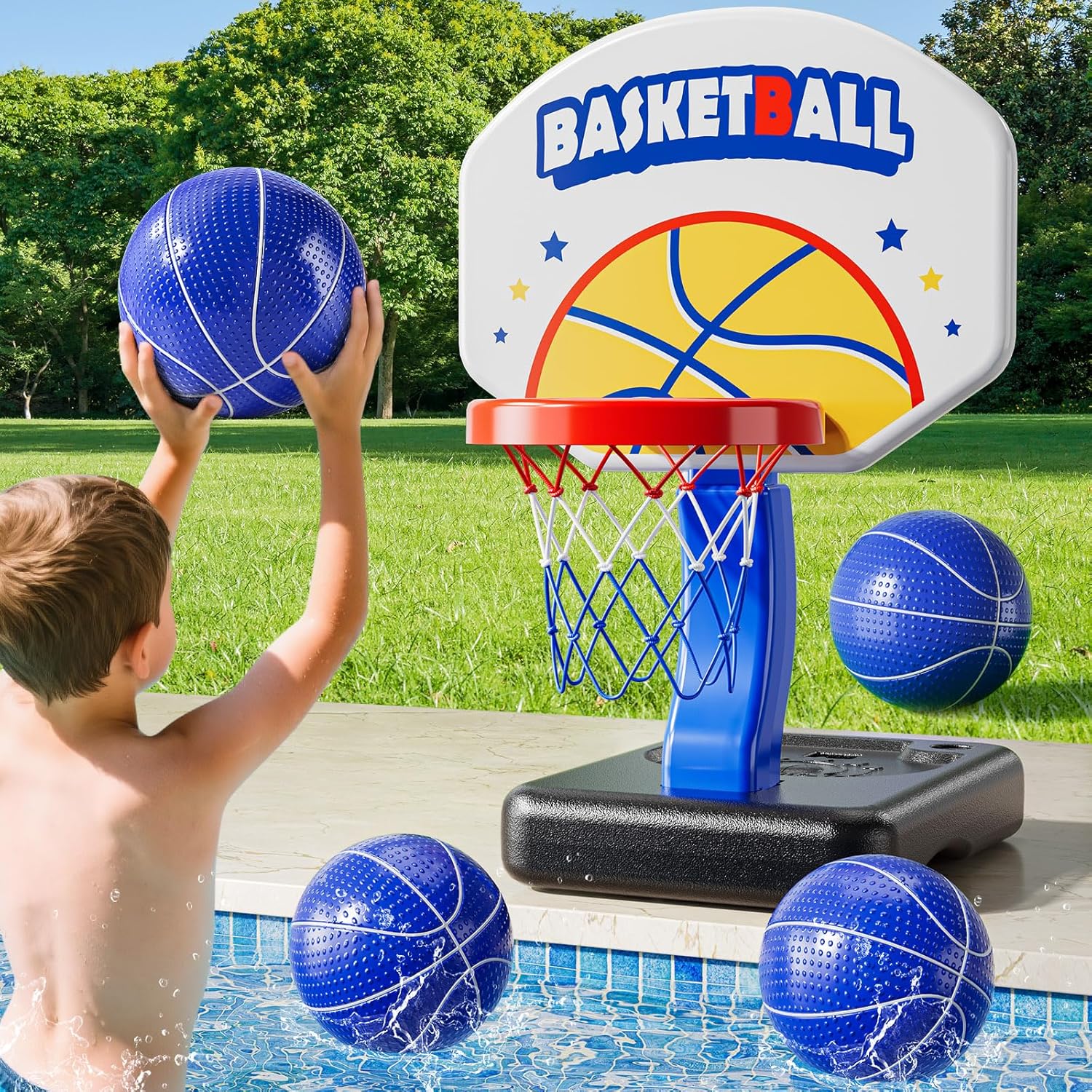 Pool Basketball Hoop Poolside for Kids Ages 3-8, Adjustable Basketball Set with 4 Balls, Outdoor Swimming Pool Game, Pool Toys, Water Play Toy for Kids Adults Age 3-12