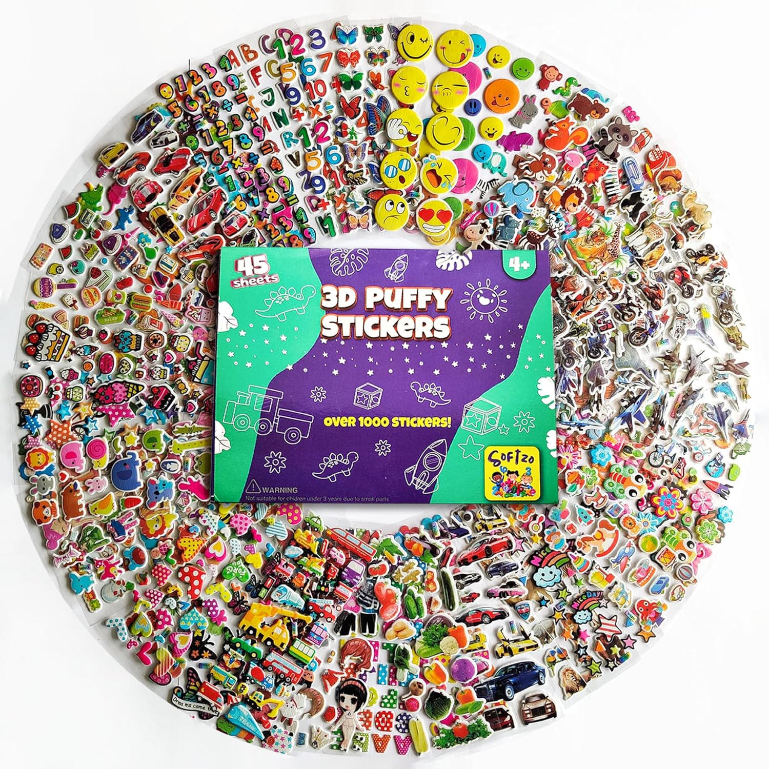 SOFTZO 3D Stickers for Children - 45 Puffy Sheets with 1300+ Kids Sticker - Perfect for Party Bag Fillers, Scrapbooking, Fun with Stickers of Cars, Letters, Numbers, Dinosaur, Stars, Alphabet & More