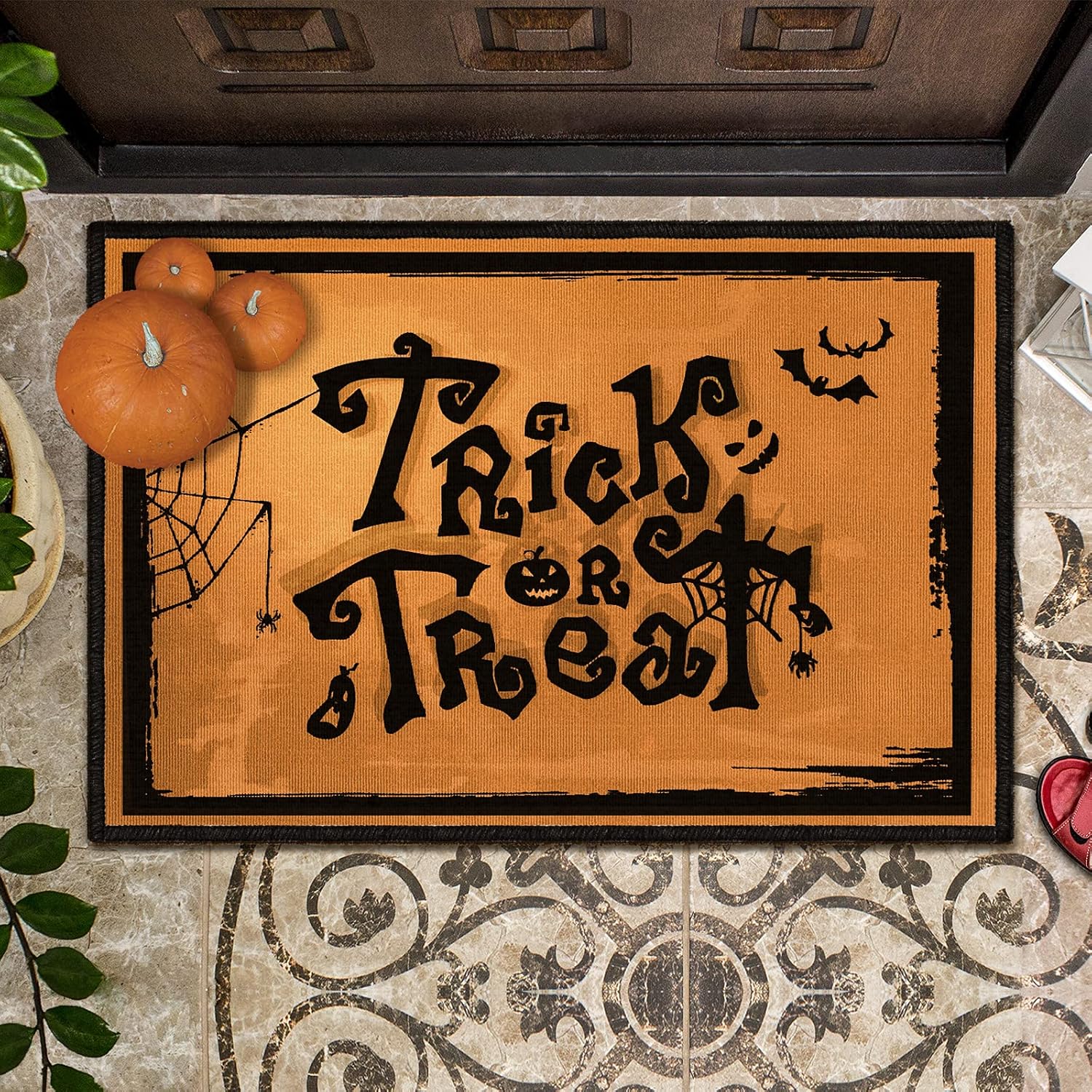 Halloween Door Mat Outdoor Trick or Treat Doormat Rubber Non Slip Backing Funny Rug Pumpkin Holiday Decorative Entrance Mat for Halloween Indoor Outdoor Decoration, 16 x 24 Inches (Spider Web)