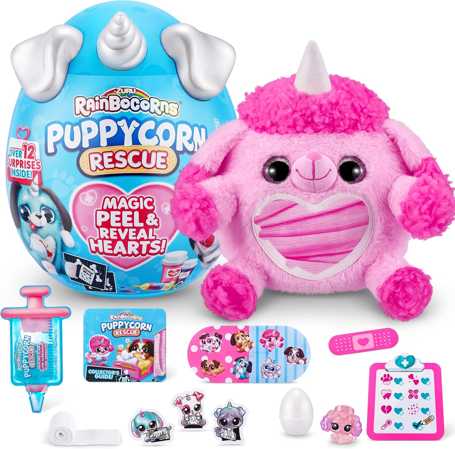 Rainbocorns Puppycorn Rescue Surprise Age 3+, Posh the Poodle - Collectible Plush - Over 12 Surprises, Peel and Reveal Heart, Stickers, Syringe Slime, Ages 3+ (Poodle)