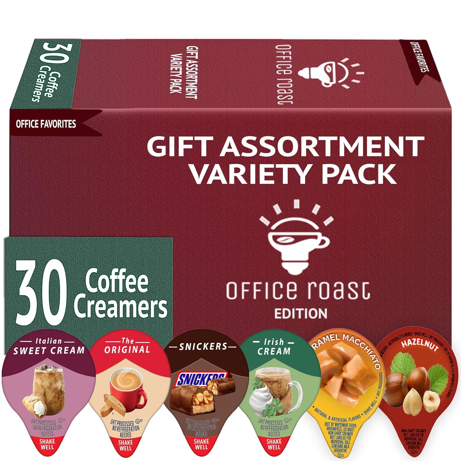 Office Roast Variety Pack Creamers Liquid Creamer Singles | Gift Assortment Box | Coffee Cream | Snickers, Italian Sweet, Original, Hazelnut, Irish & Caramel Macchiato - No Refrigeration - Box Of 30