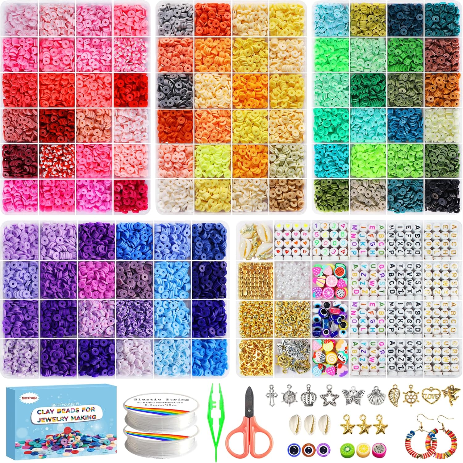 Dazhqp 20000 Clay Beads Bracelet Making Kit, 96 Colours 5 Boxes Flat Polymer Heishi Beads Set for Friendship Jewellery Necklace Earring Making Kit, with Charm Crafts Gifts for Teen Girls Kids Adults