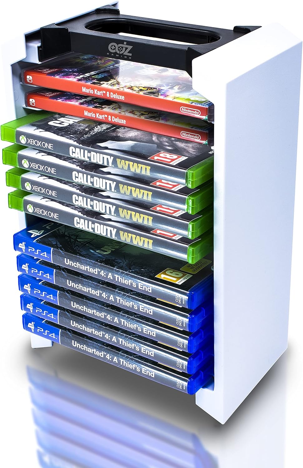 ADZ Game Storage Tower – Universal Video Game Storage – Stores 12 Game or Blu-Ray Disks – Game Holder Rack for PS4, PS5, Xbox One, Xbox Series X/S, Nintendo Switch Games and Blu-Ray Discs (White)