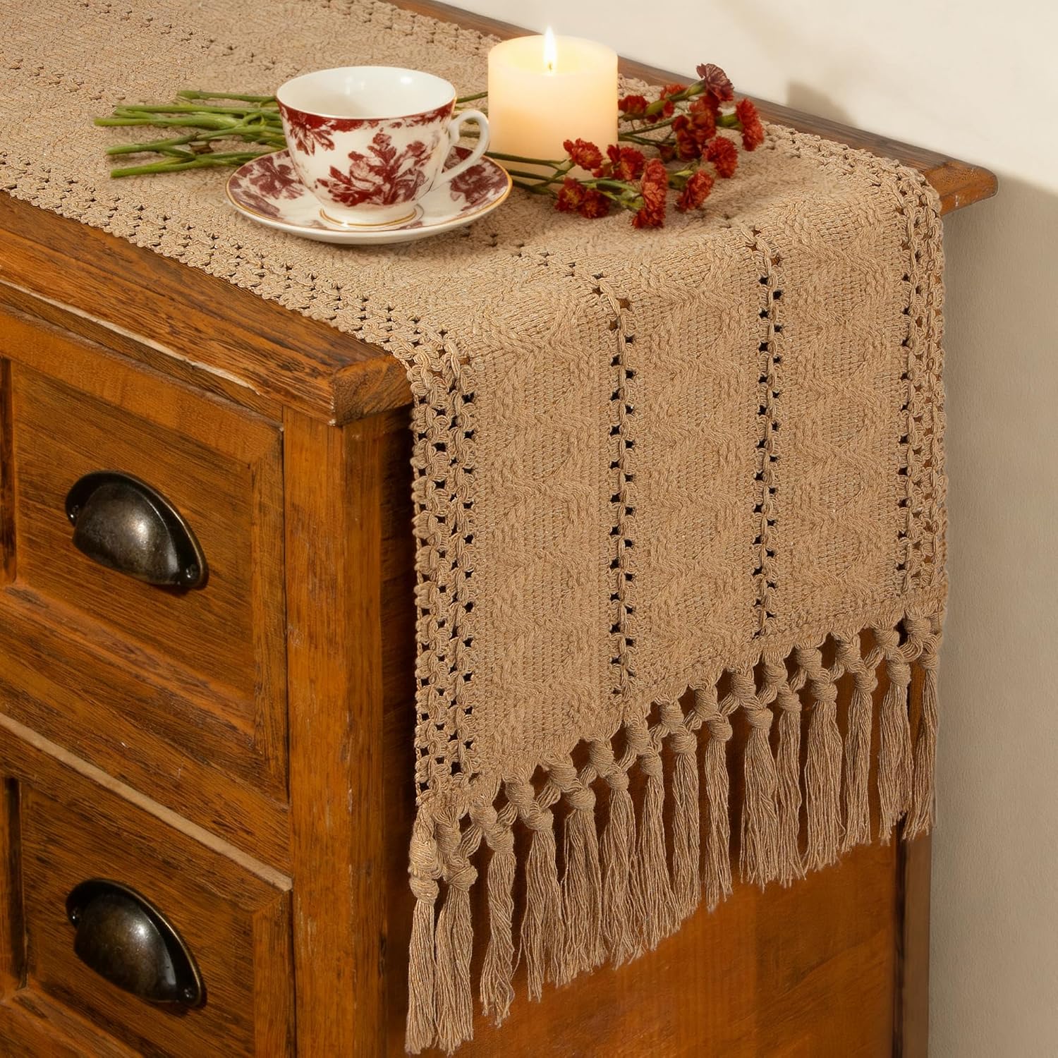 FEXIA Brown Boho Table Runner Spring Burlap Coffee with Tassels 72 Inches Long for Farmhouse Home Decor Modern for Bohemian Dining Bedroom Decor Rustic Style